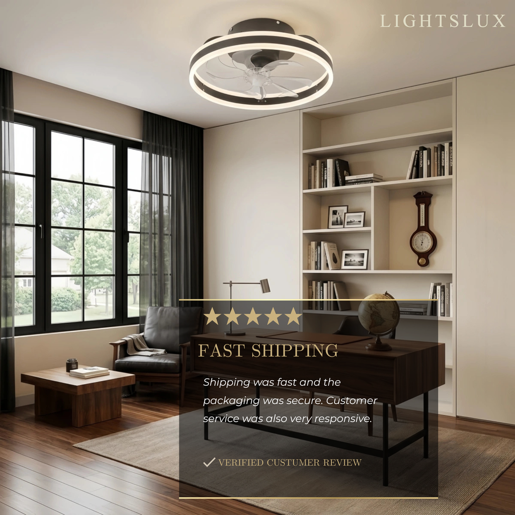 Modern Semi-Flush Ceiling Fan with Light -- Silent Black & White Iron ABS for Bedroom - Flindria