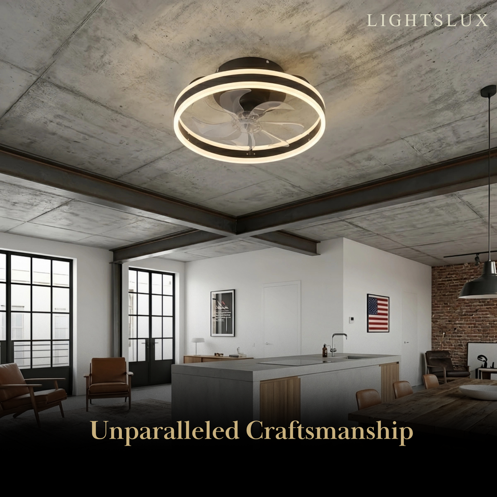 Modern Semi-Flush Ceiling Fan with Light -- Silent Black & White Iron ABS for Bedroom - Flindria