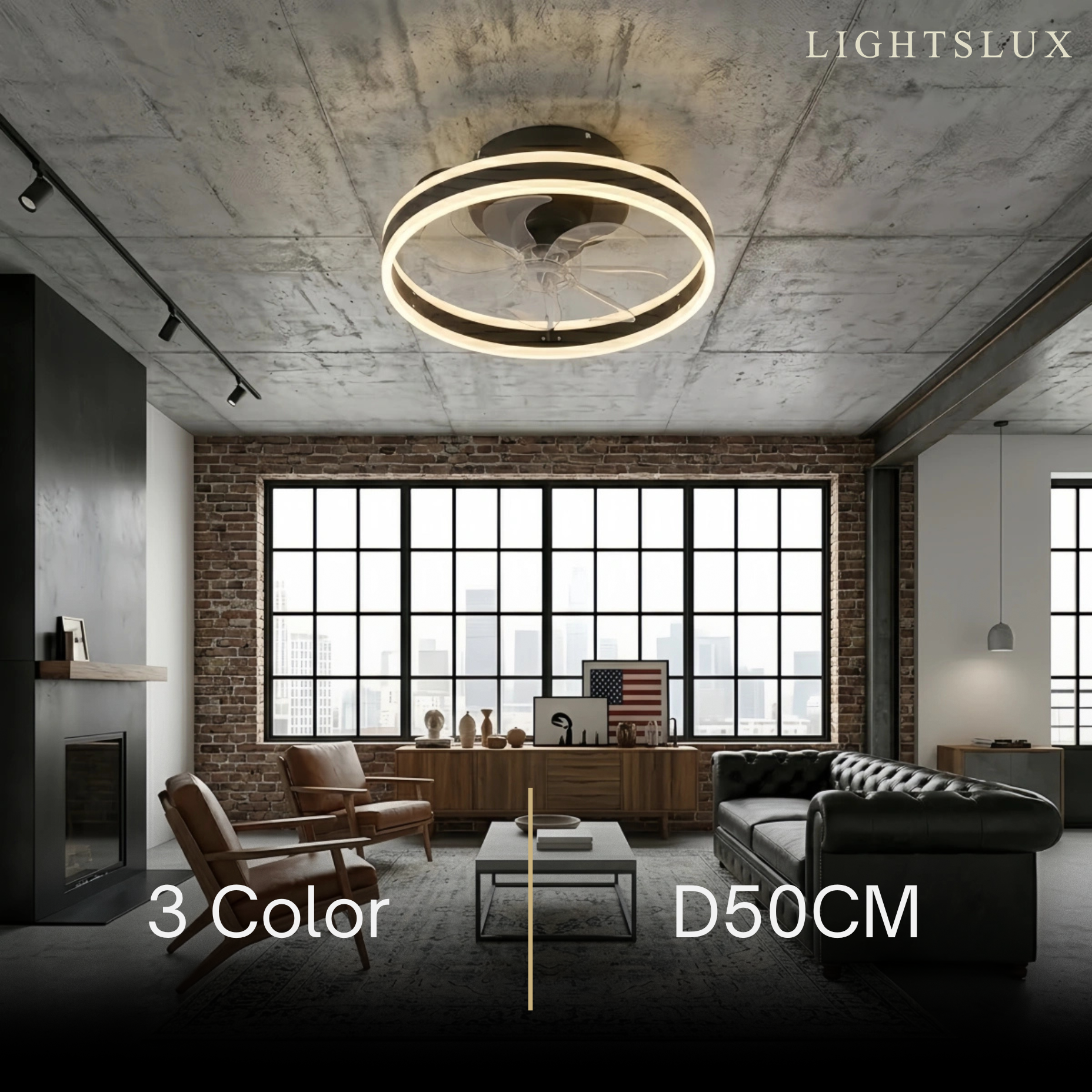 Modern Semi-Flush Ceiling Fan with Light -- Silent Black & White Iron ABS for Bedroom - Flindria