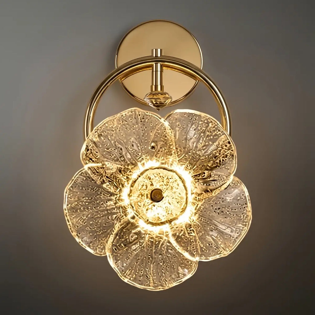 Lámpara de pared moderna en forma de flor de vidrio -- Metal dorado para dormitorio/sala/comedor - Flindria