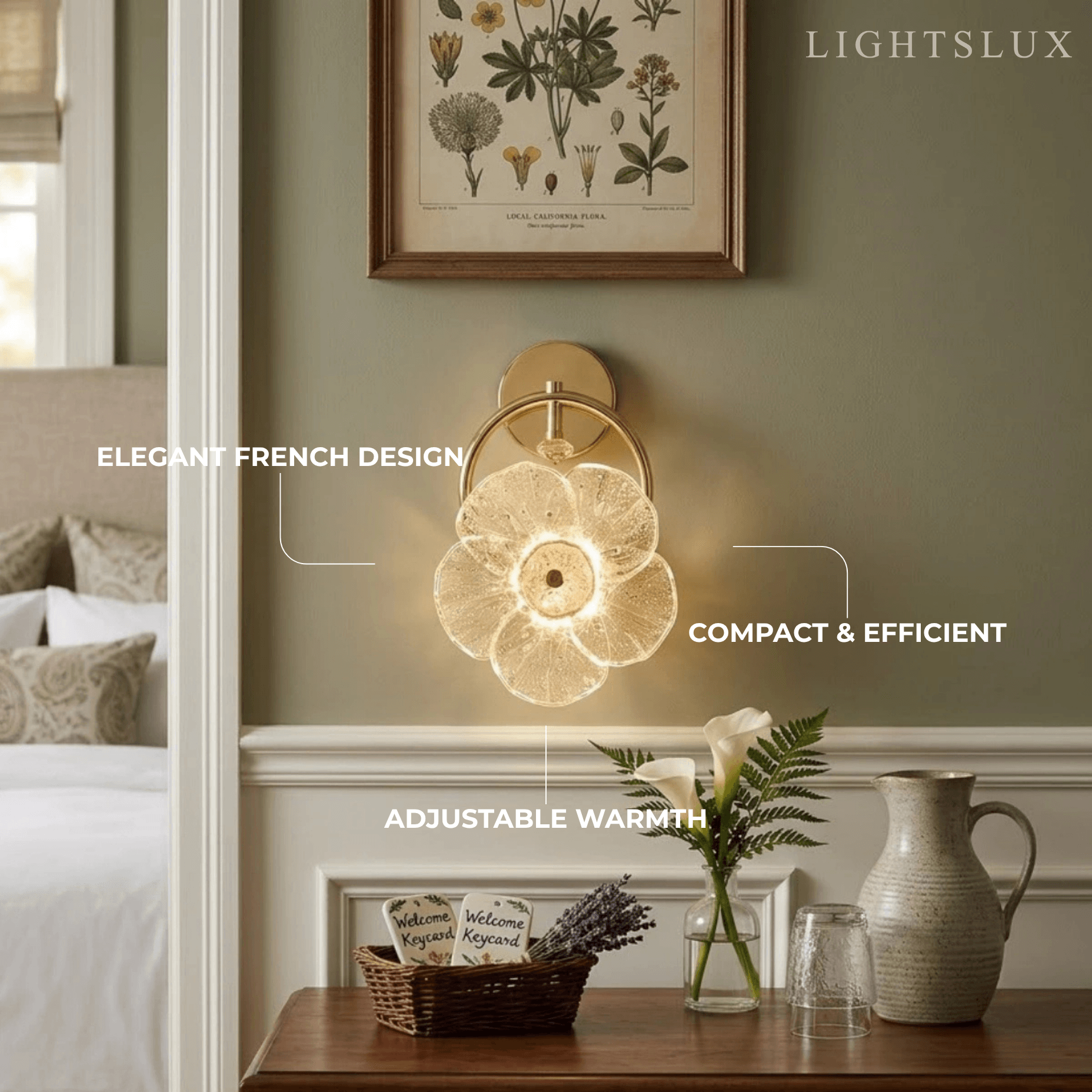 Lámpara de pared moderna en forma de flor de vidrio -- Metal dorado para dormitorio/sala/comedor - Flindria
