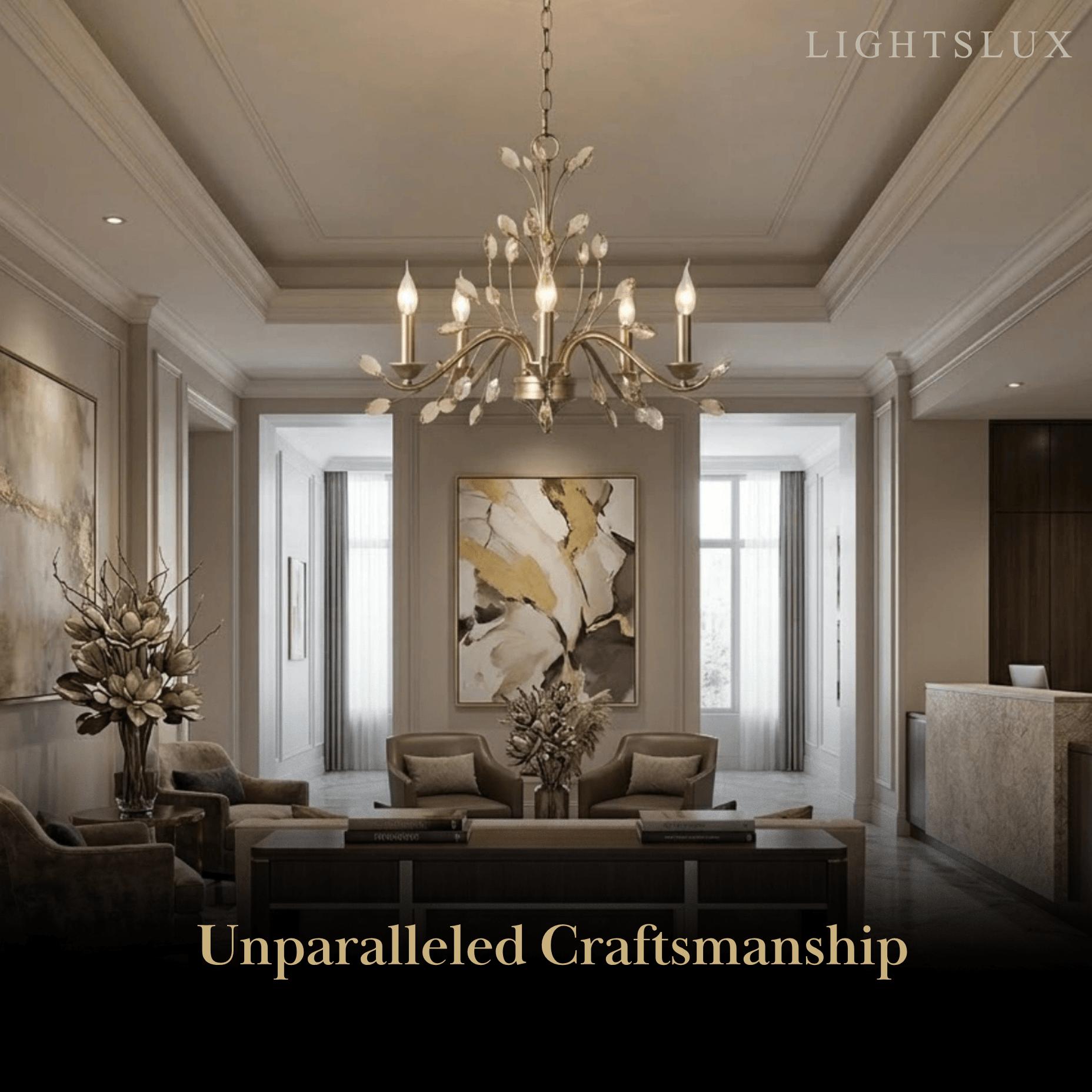 Eleganter Ast-Kronleuchter – Gold Kristall für Wohnzimmer / Esszimmer - Flindria