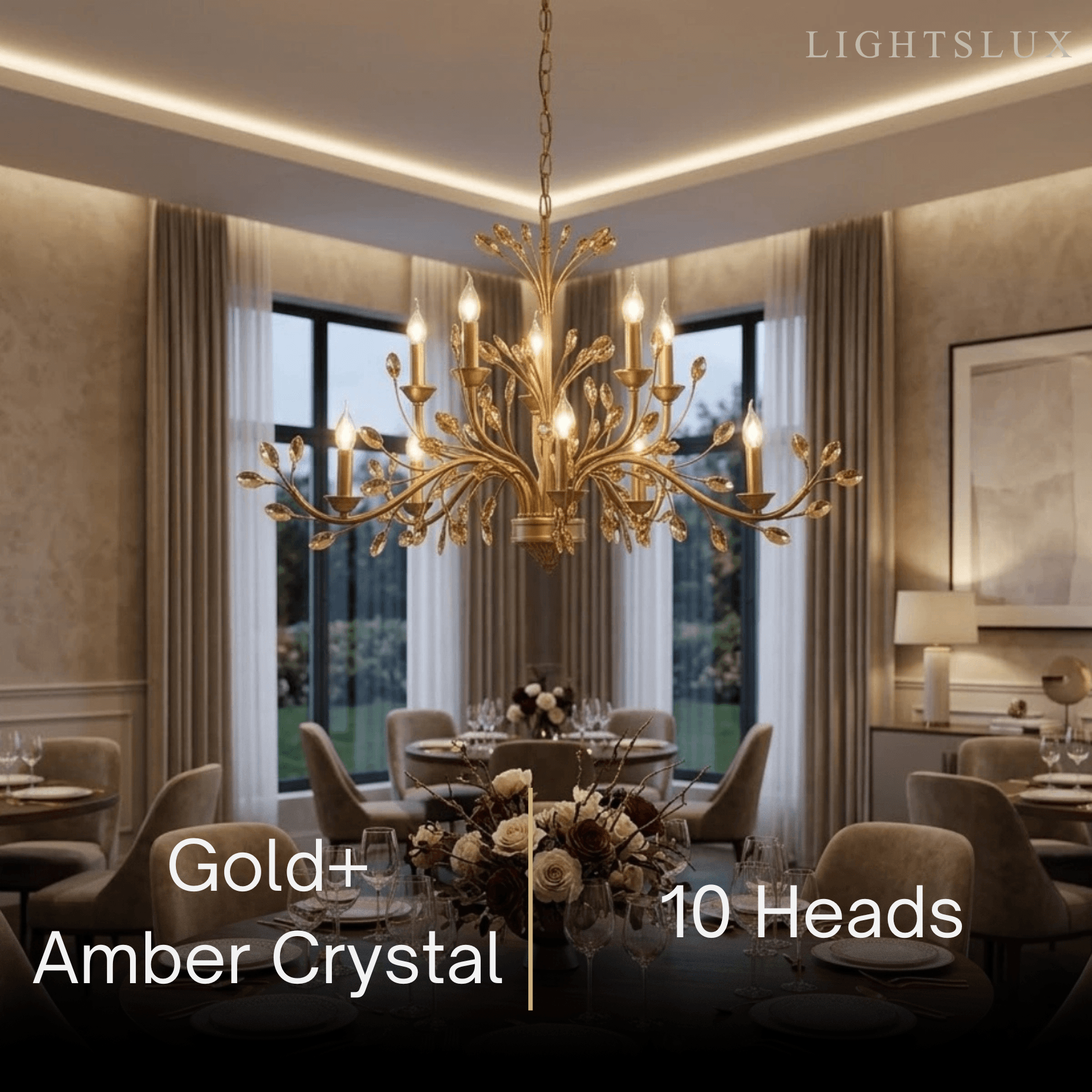 Eleganter Ast-Kronleuchter – Gold Kristall für Wohnzimmer / Esszimmer - Flindria