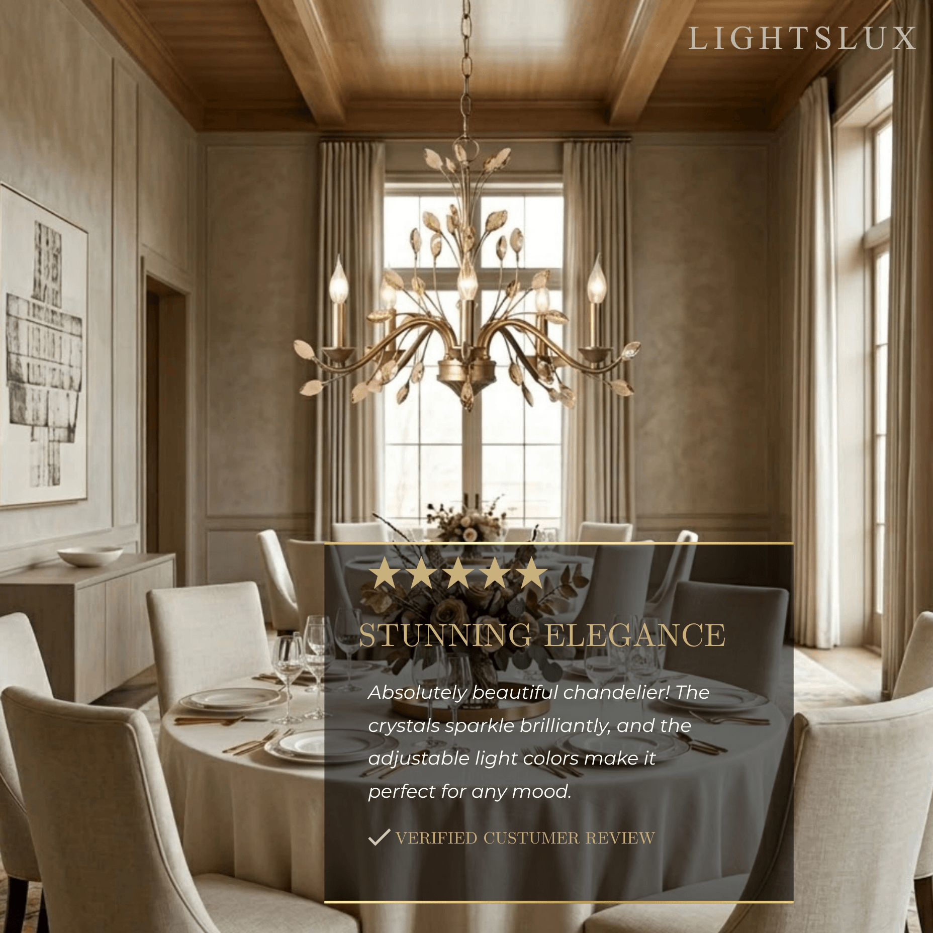 Eleganter Ast-Kronleuchter – Gold Kristall für Wohnzimmer / Esszimmer - Flindria