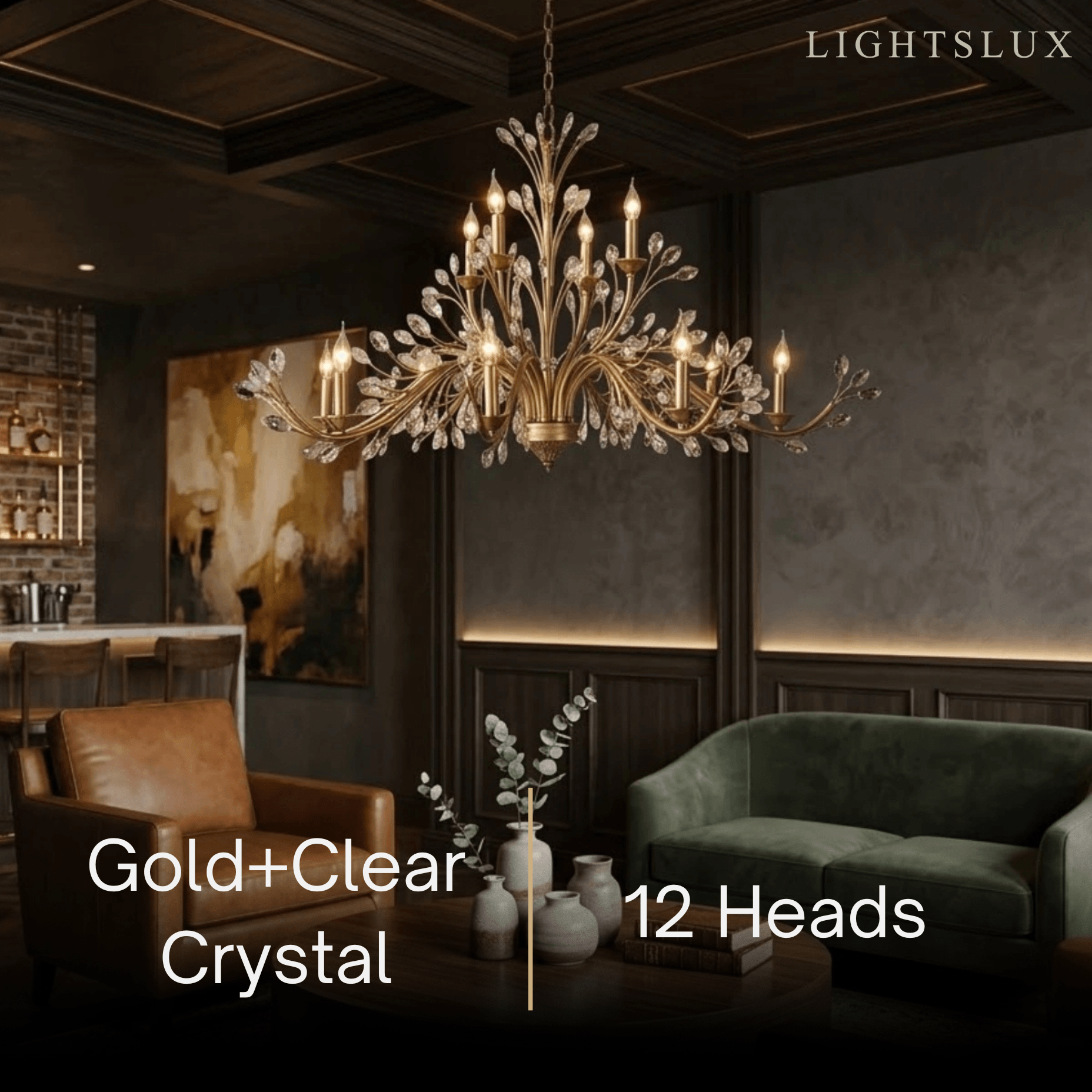 Eleganter Ast-Kronleuchter – Gold Kristall für Wohnzimmer / Esszimmer - Flindria