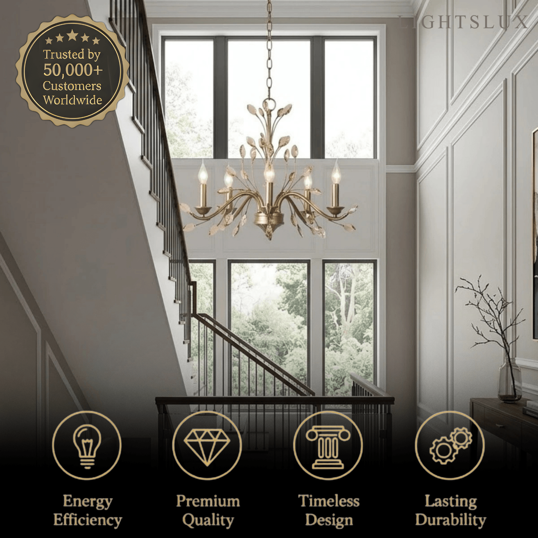 Eleganter Ast-Kronleuchter – Gold Kristall für Wohnzimmer / Esszimmer - Flindria