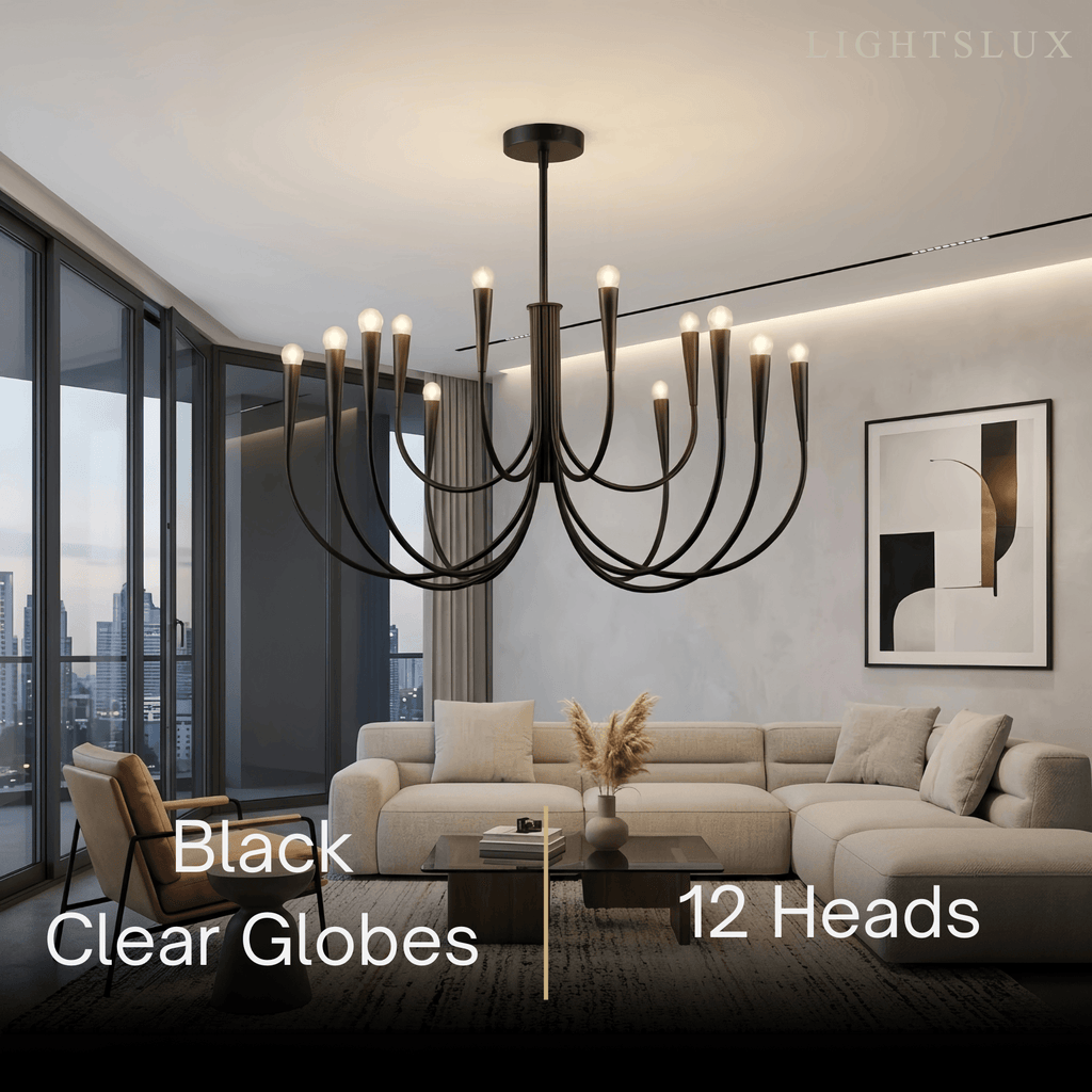 Lámpara de araña minimalista – Brazos curvos con globos dorados o negros para sala de estar/comedor - Flindria