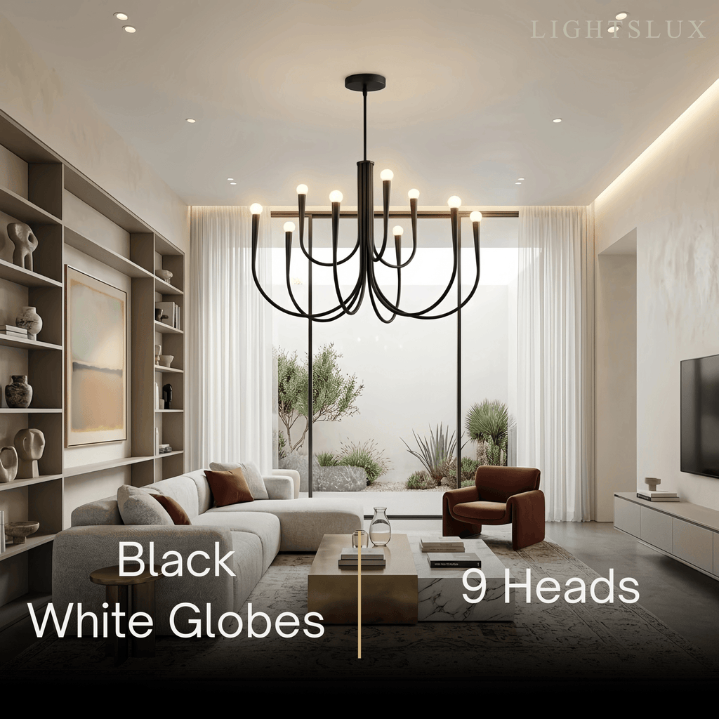 Lámpara de araña minimalista – Brazos curvos con globos dorados o negros para sala de estar/comedor - Flindria