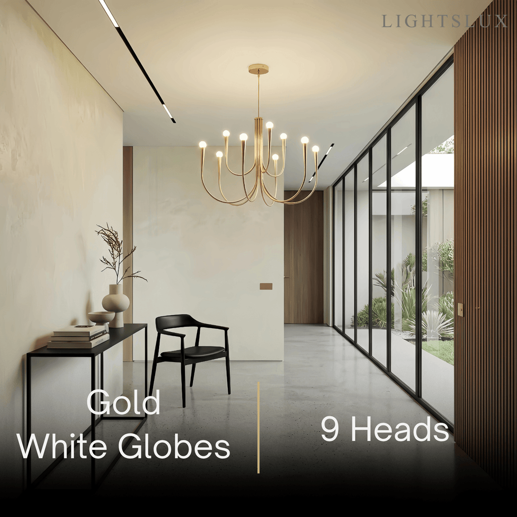Lámpara de araña minimalista – Brazos curvos con globos dorados o negros para sala de estar/comedor - Flindria