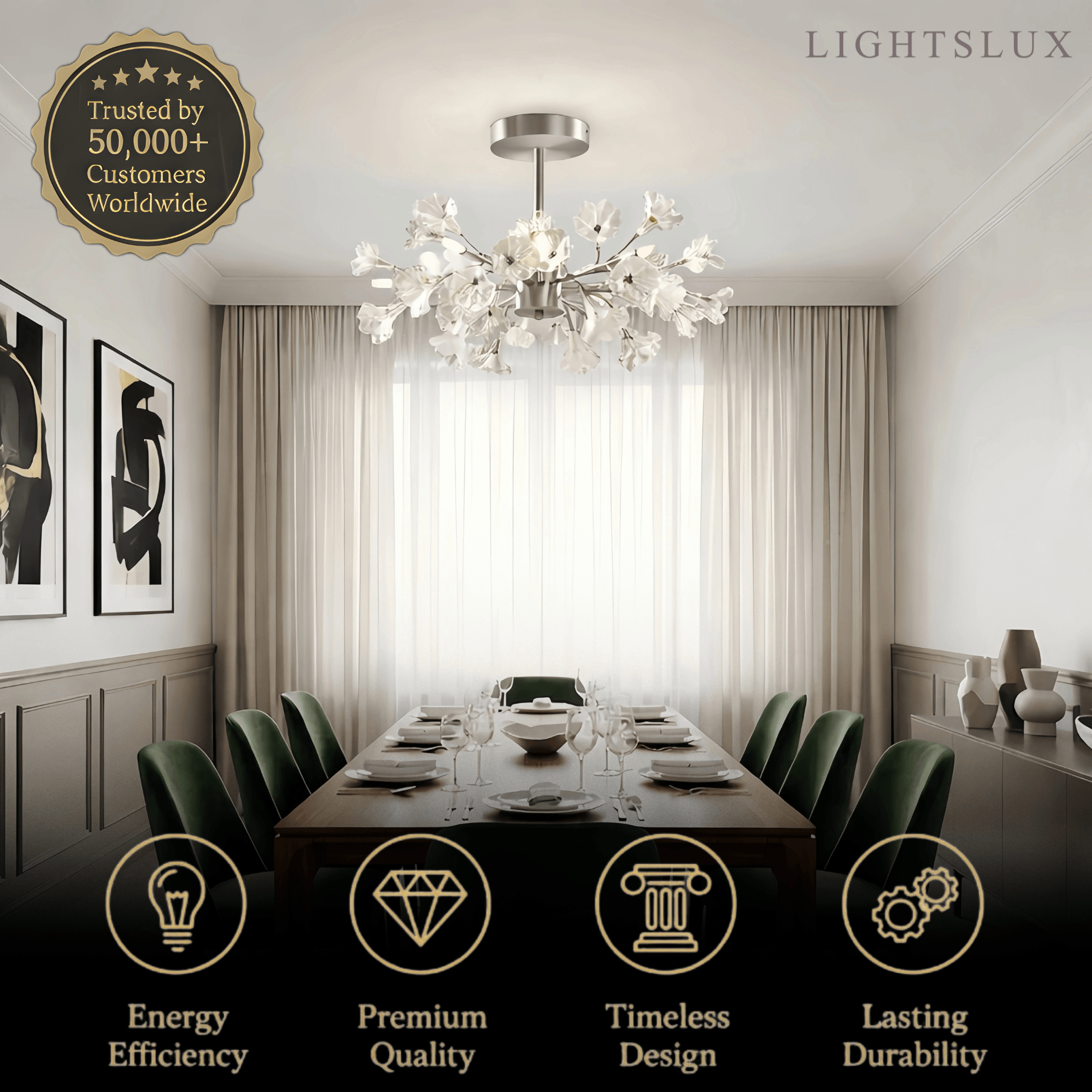 Lustre Branche Moderne – Fleurs en Verre Cuivre Argenté pour Salon / Chambre - Flindria
