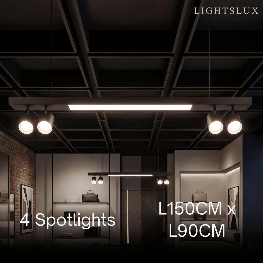 Modern Linear LED Pendant Light – Black Aluminum with Spotlights for Office / Shop - Flindria