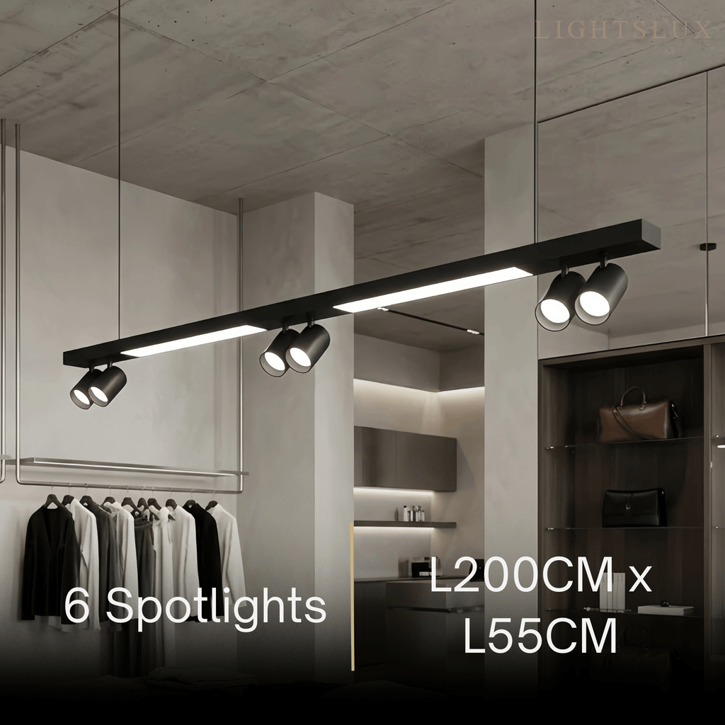 Modern Linear LED Pendant Light – Black Aluminum with Spotlights for Office / Shop - Flindria