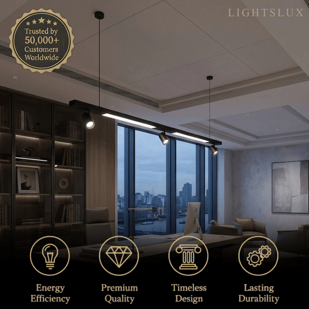 Modern Linear LED Pendant Light – Black Aluminum with Spotlights for Office / Shop - Flindria