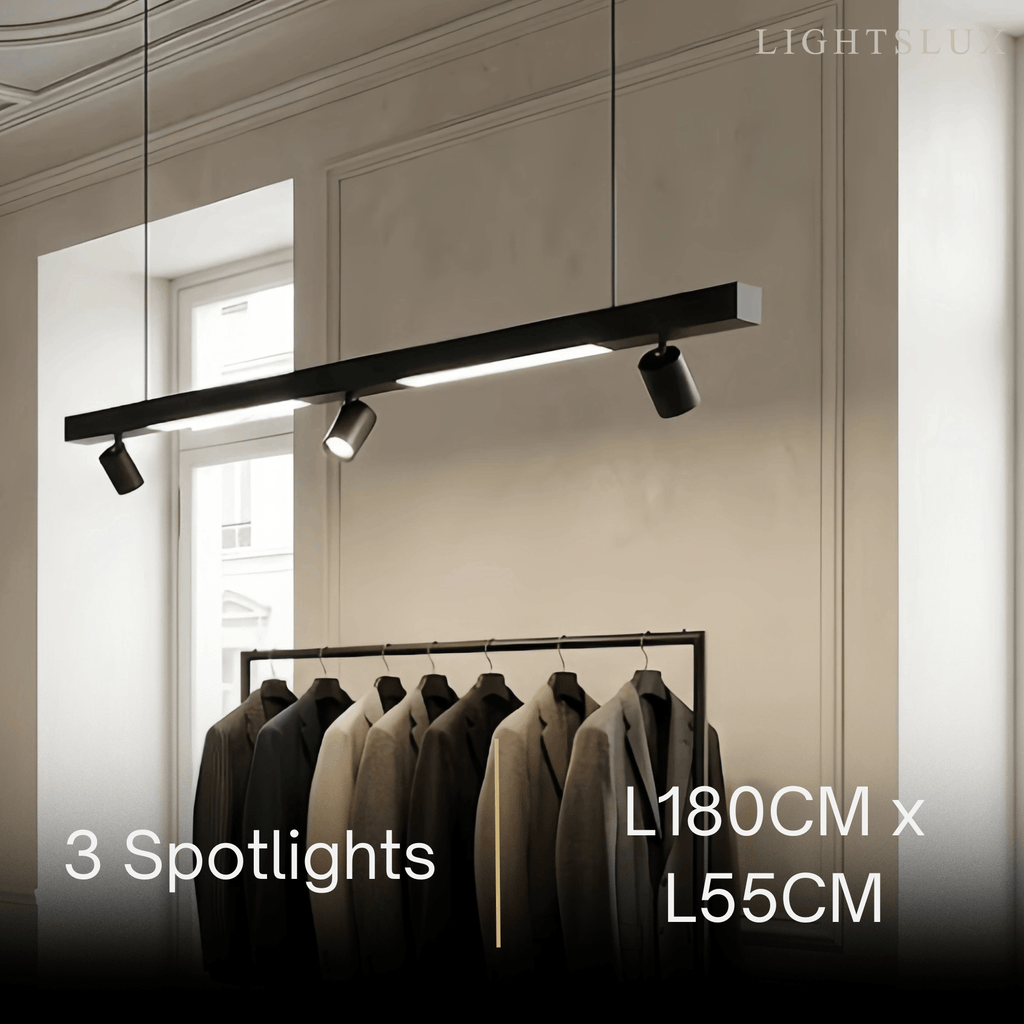 Modern Linear LED Pendant Light – Black Aluminum with Spotlights for Office / Shop - Flindria
