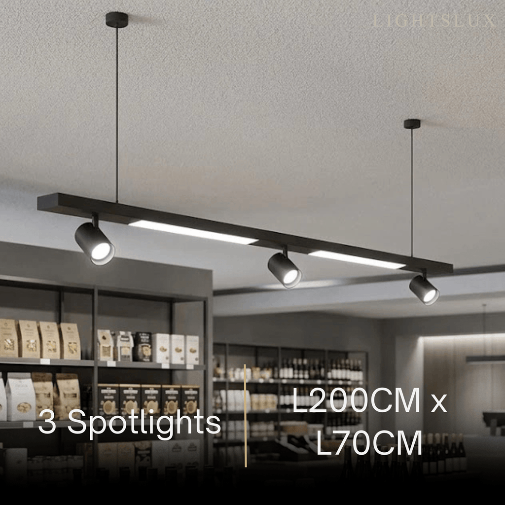 Modern Linear LED Pendant Light – Black Aluminum with Spotlights for Office / Shop - Flindria