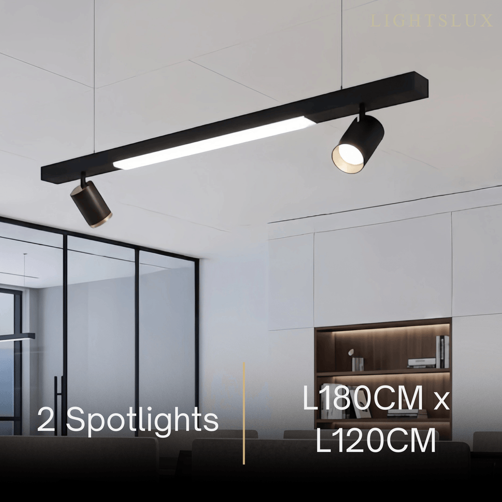 Modern Linear LED Pendant Light – Black Aluminum with Spotlights for Office / Shop - Flindria