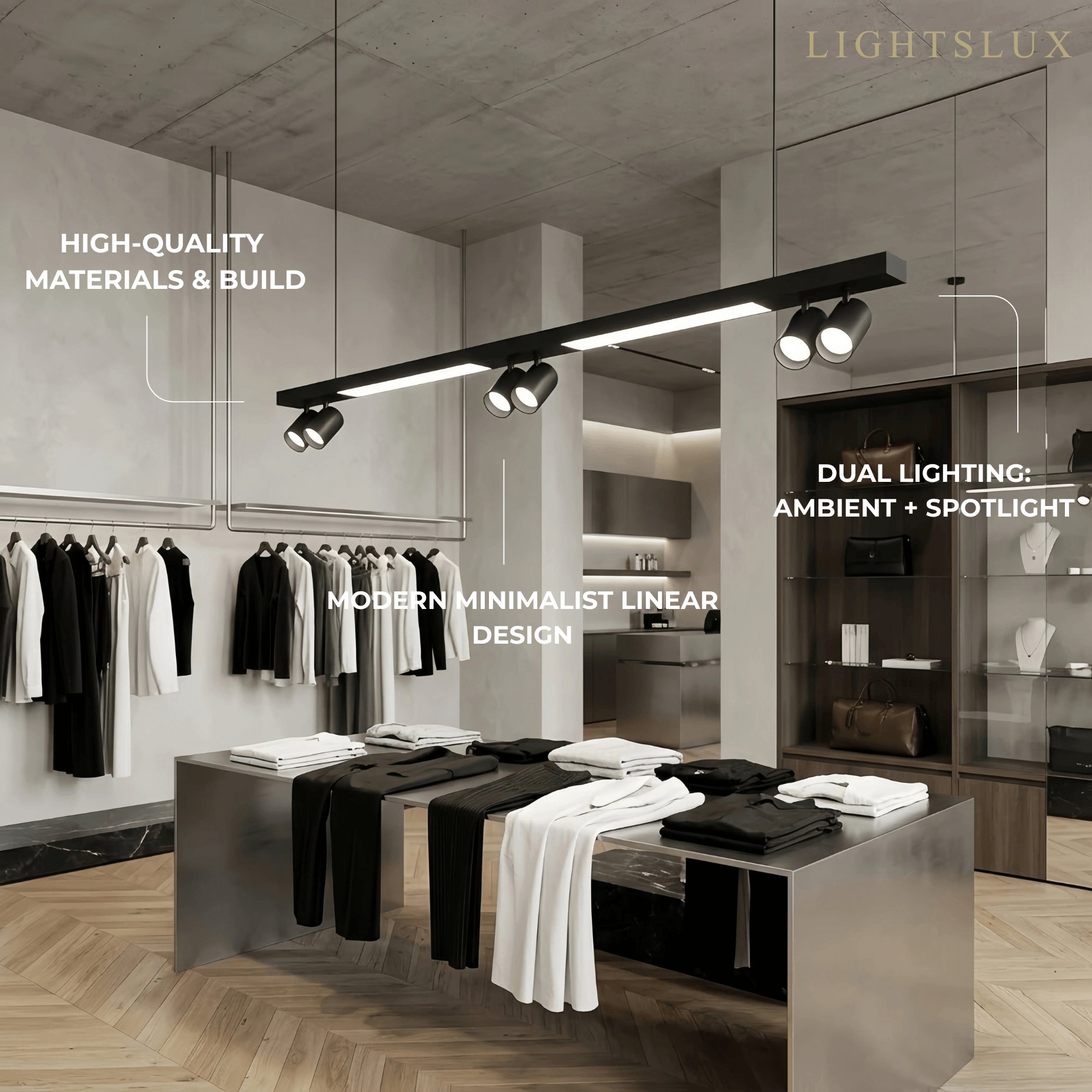 Modern Linear LED Pendant Light – Black Aluminum with Spotlights for Office / Shop - Flindria