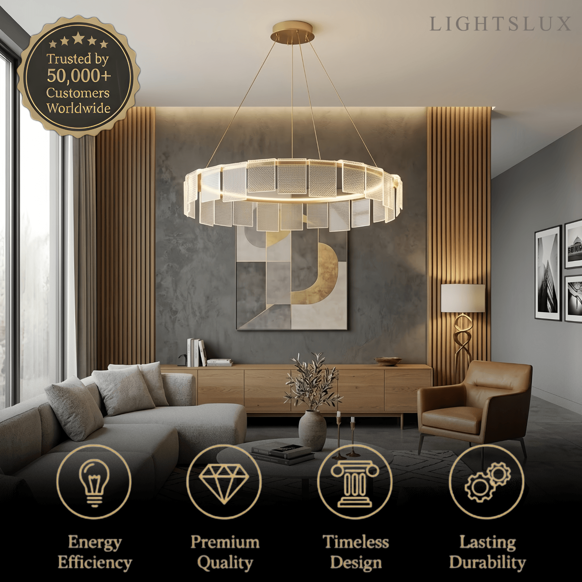 Lustre Circular Moderno – Anel Acrílico Dourado para Sala de Estar / Sala de Jantar - Flindria