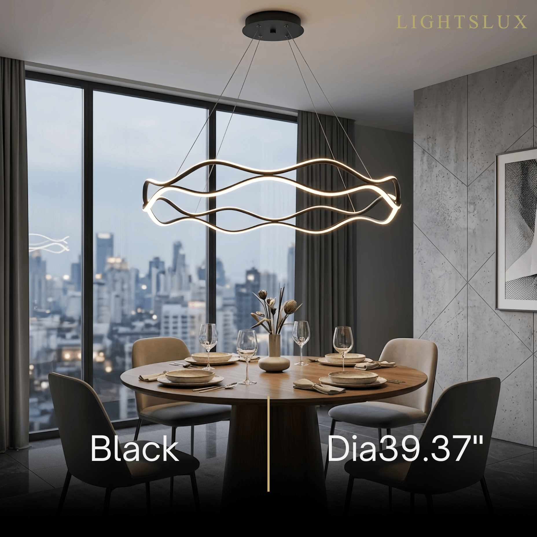 Modern Copper Chandelier – Wave Ring Gold/Black for Living Room / Dining Room - Flindria