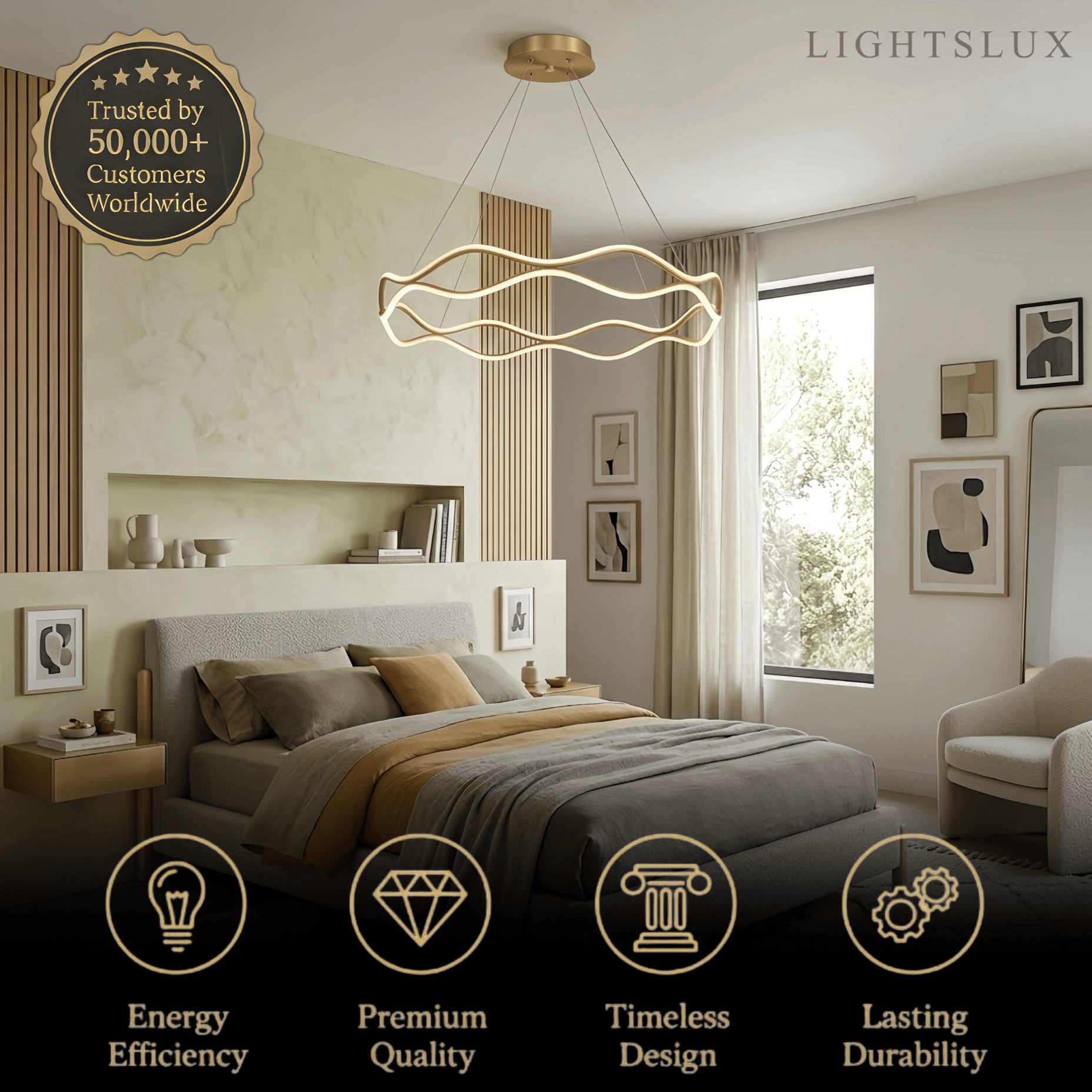 Modern Copper Chandelier – Wave Ring Gold/Black for Living Room / Dining Room - Flindria