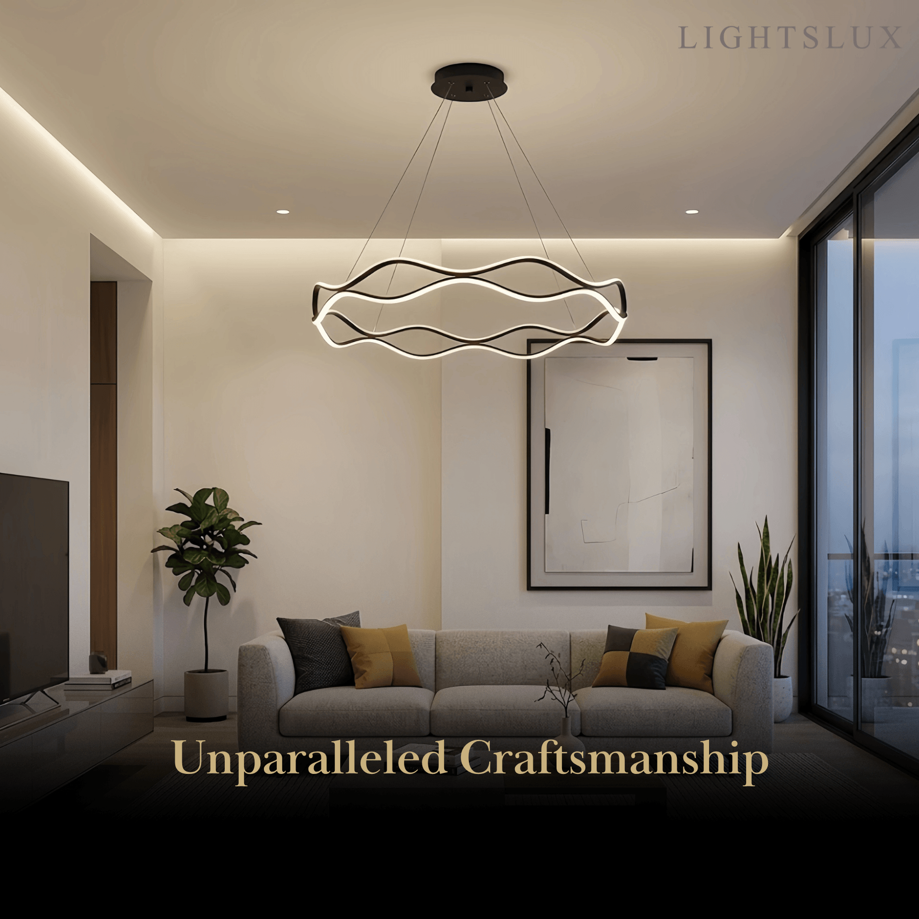 Modern Copper Chandelier – Wave Ring Gold/Black for Living Room / Dining Room - Flindria