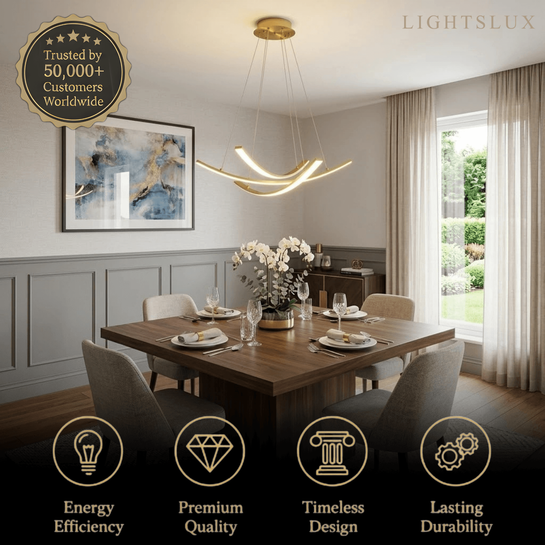 Modern Minimalist Chandelier — Brass Gold for Dining Room/Living Room - Flindria