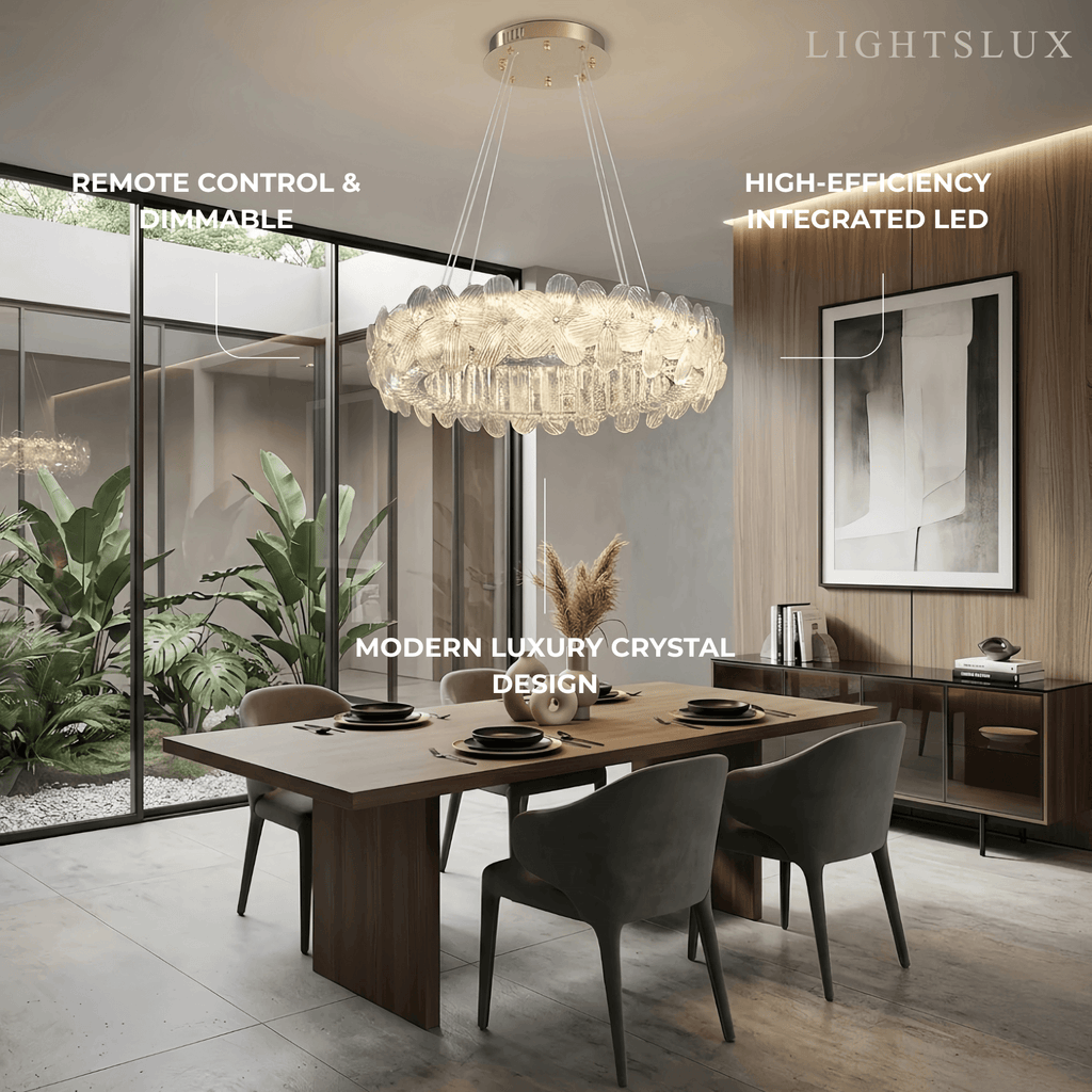 Moderne luksus krystal lysekrone -- Rustfrit stål & glas til stuen - Flindria