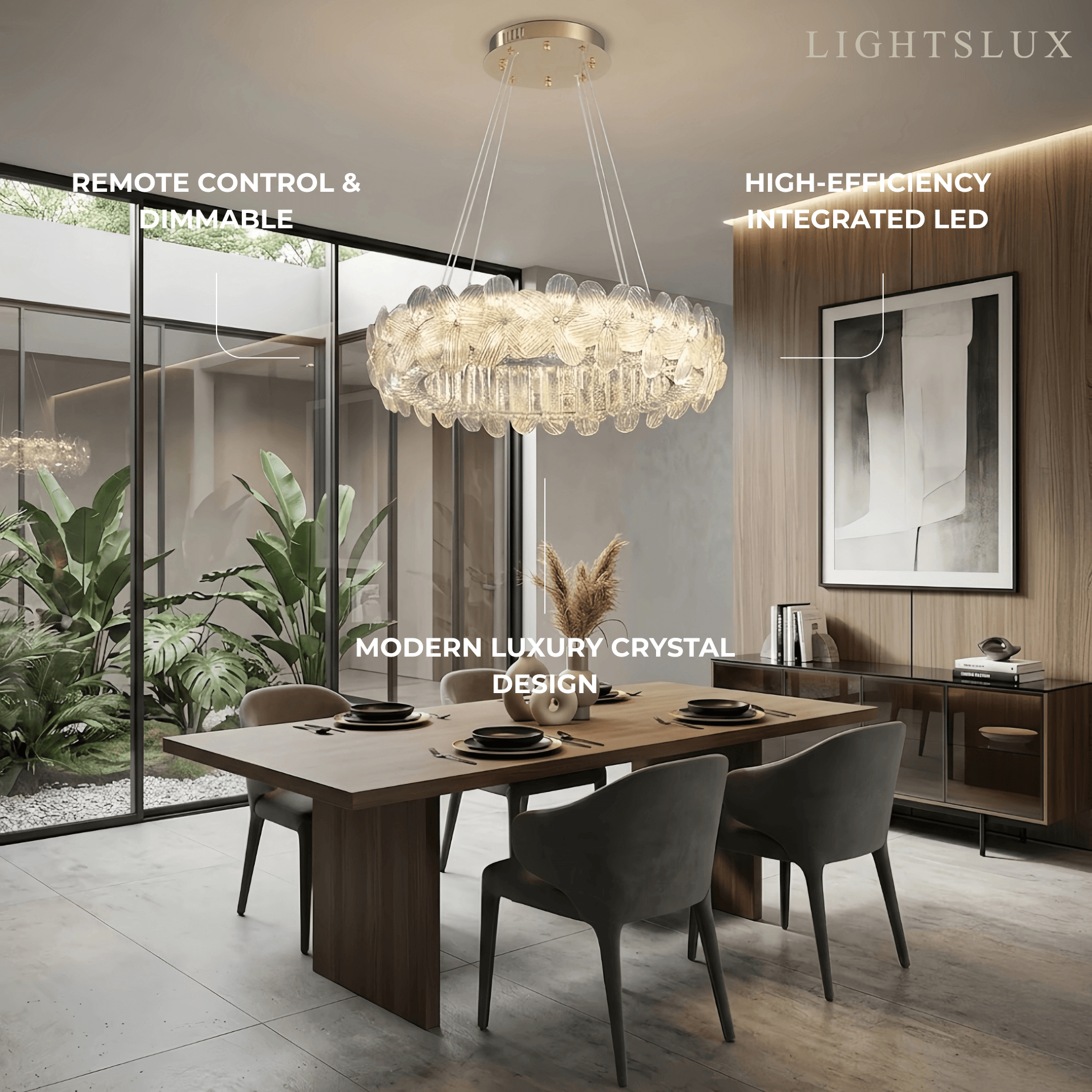 Moderní luxusní křišťálový lustr -- nerezová ocel a sklo pro obývací pokoj - Flindria