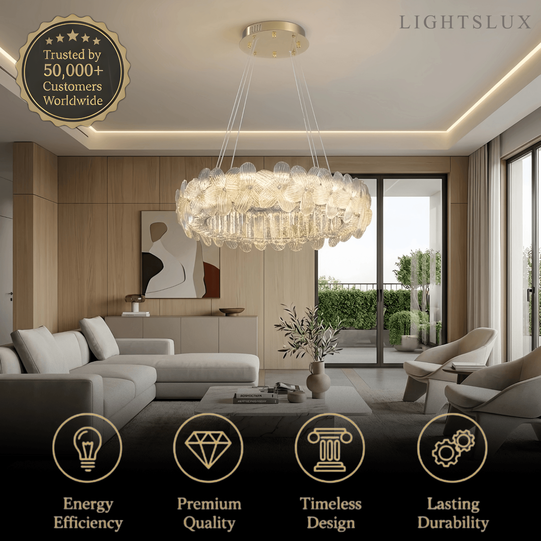 Moderní luxusní křišťálový lustr -- nerezová ocel a sklo pro obývací pokoj - Flindria
