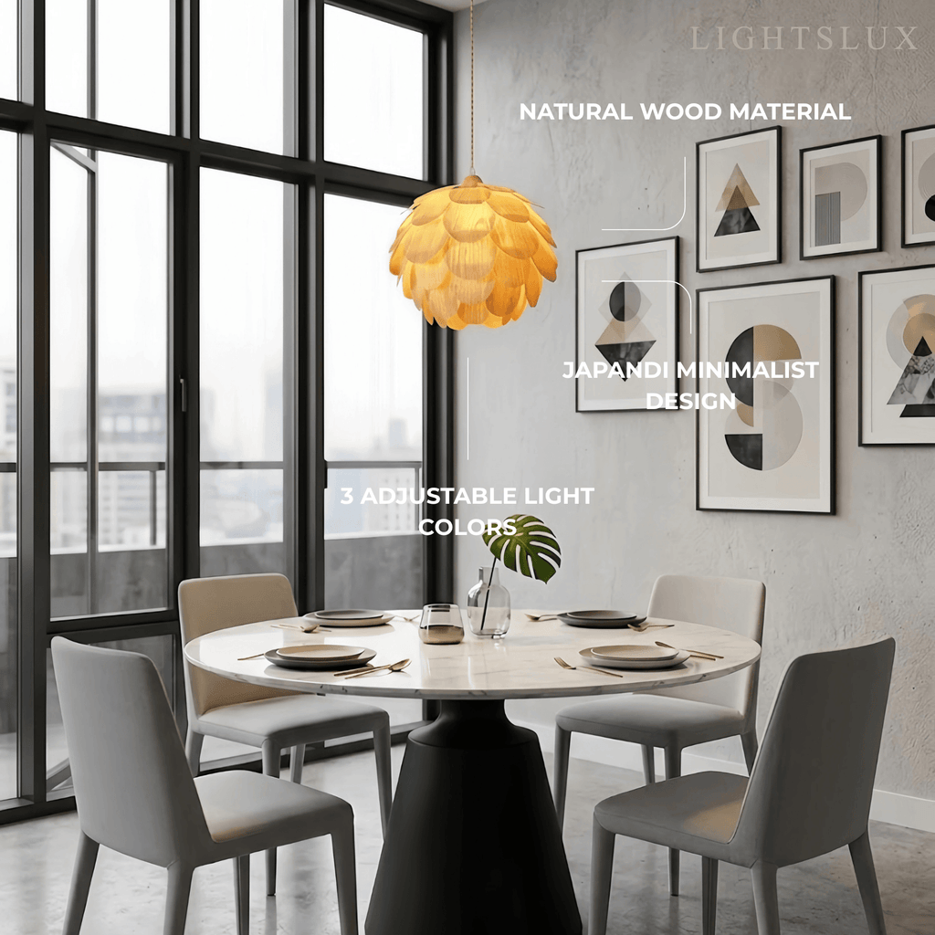 Japandi Wood Pendant Light -- Natural Wood Finish for Dining Room - Flindria