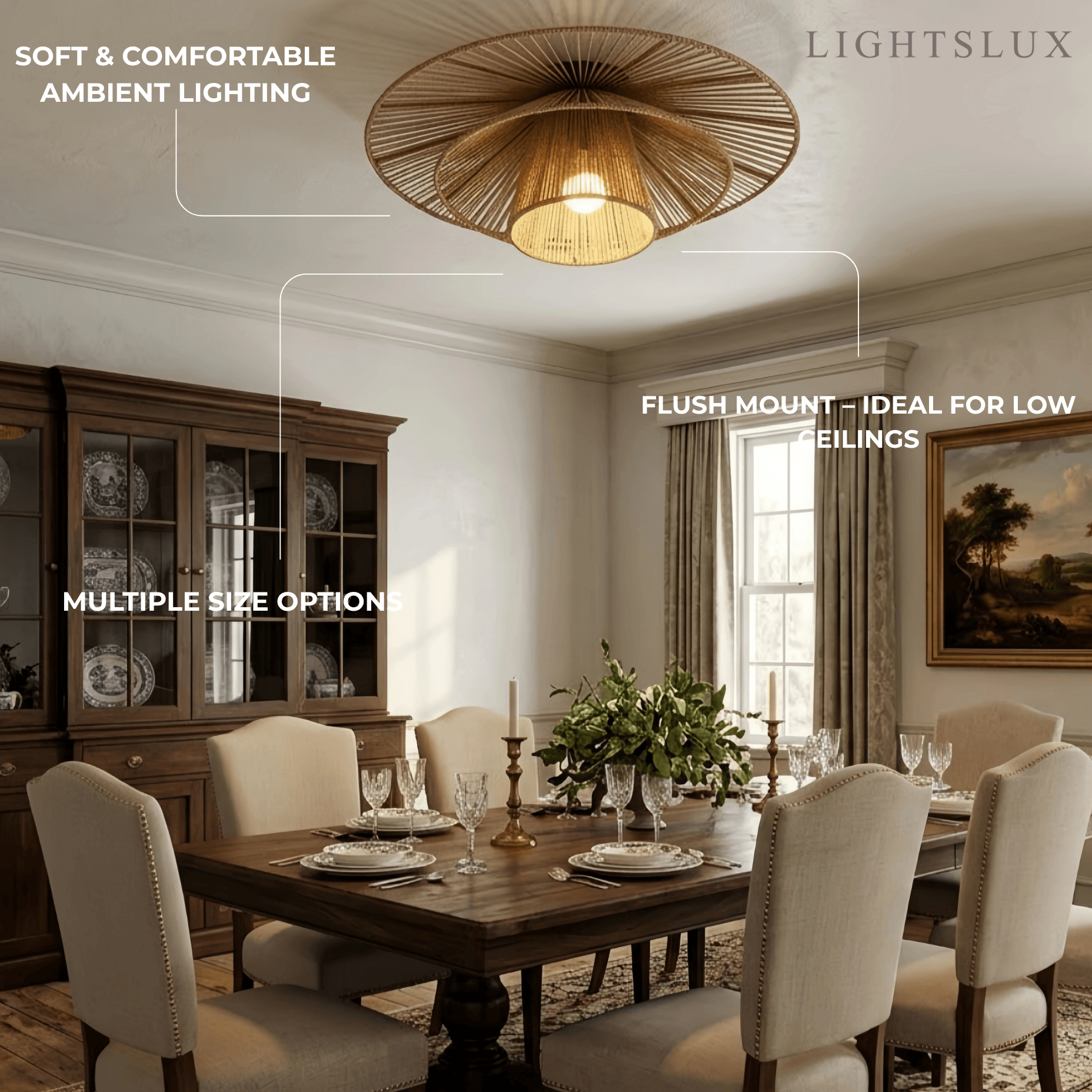 Natural Hemp Rope Flush Mount Ceiling Light -- Woven Linen Color for Bedroom - Flindria