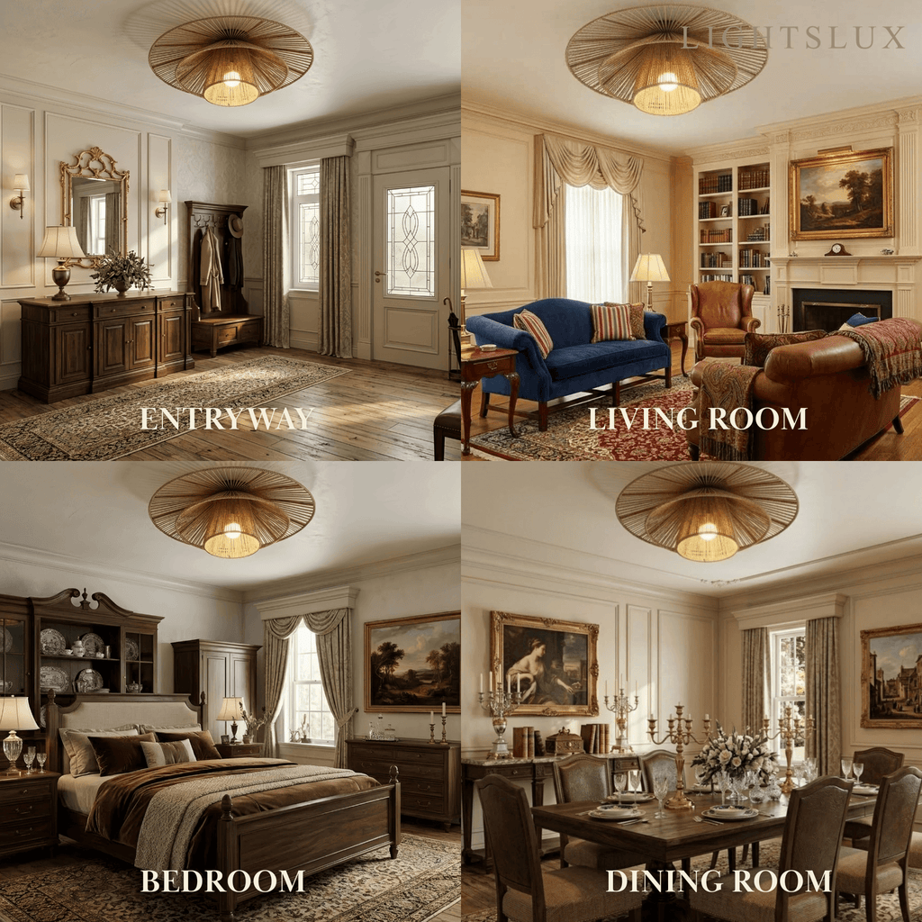 Natural Hemp Rope Flush Mount Ceiling Light -- Woven Linen Color for Bedroom - Flindria