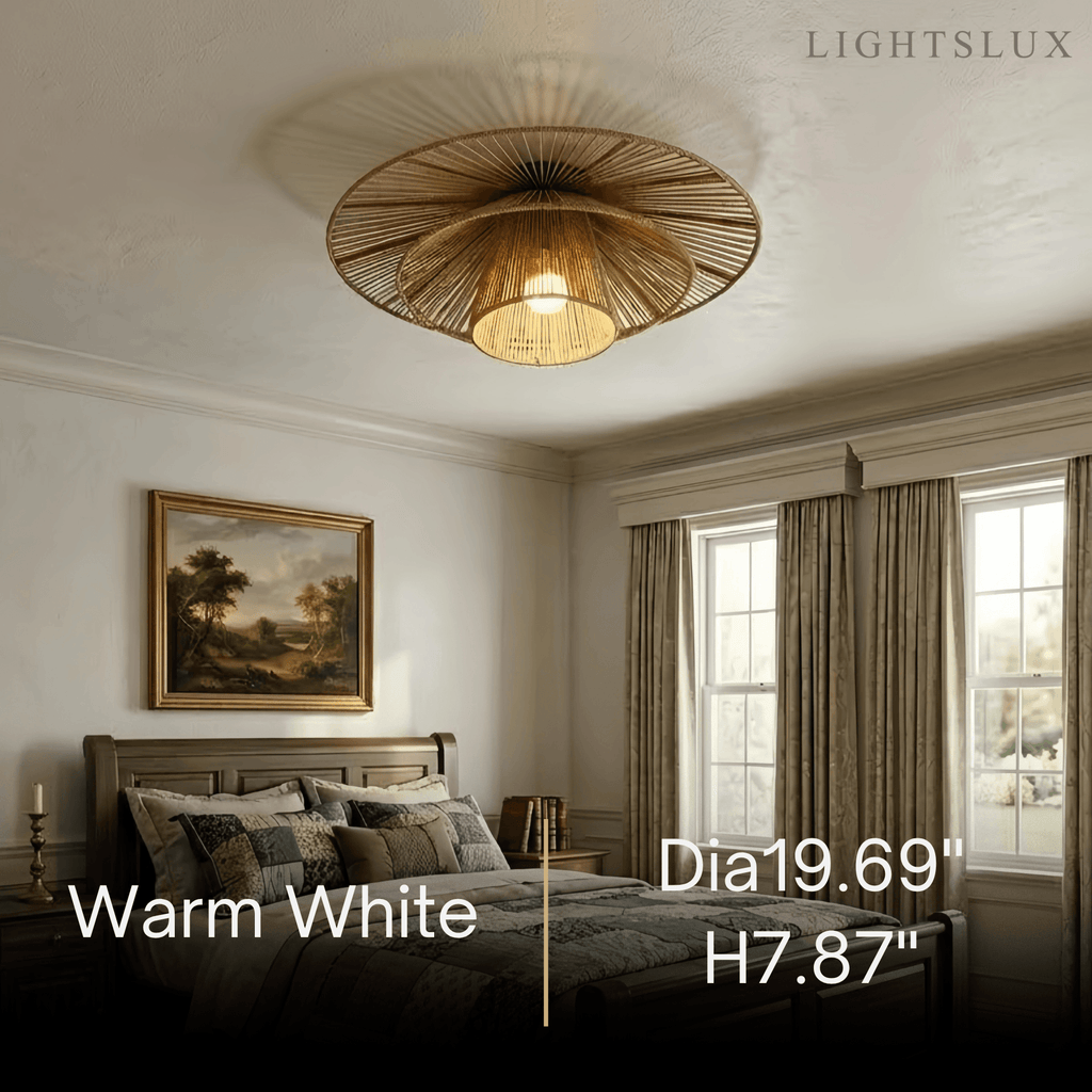 Natural Hemp Rope Flush Mount Ceiling Light -- Woven Linen Color for Bedroom - Flindria