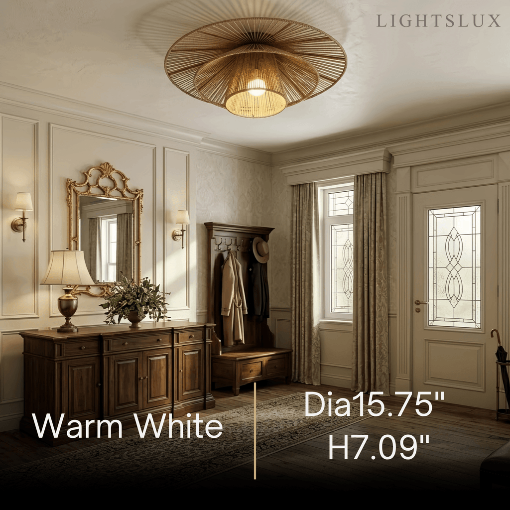 Natural Hemp Rope Flush Mount Ceiling Light -- Woven Linen Color for Bedroom - Flindria