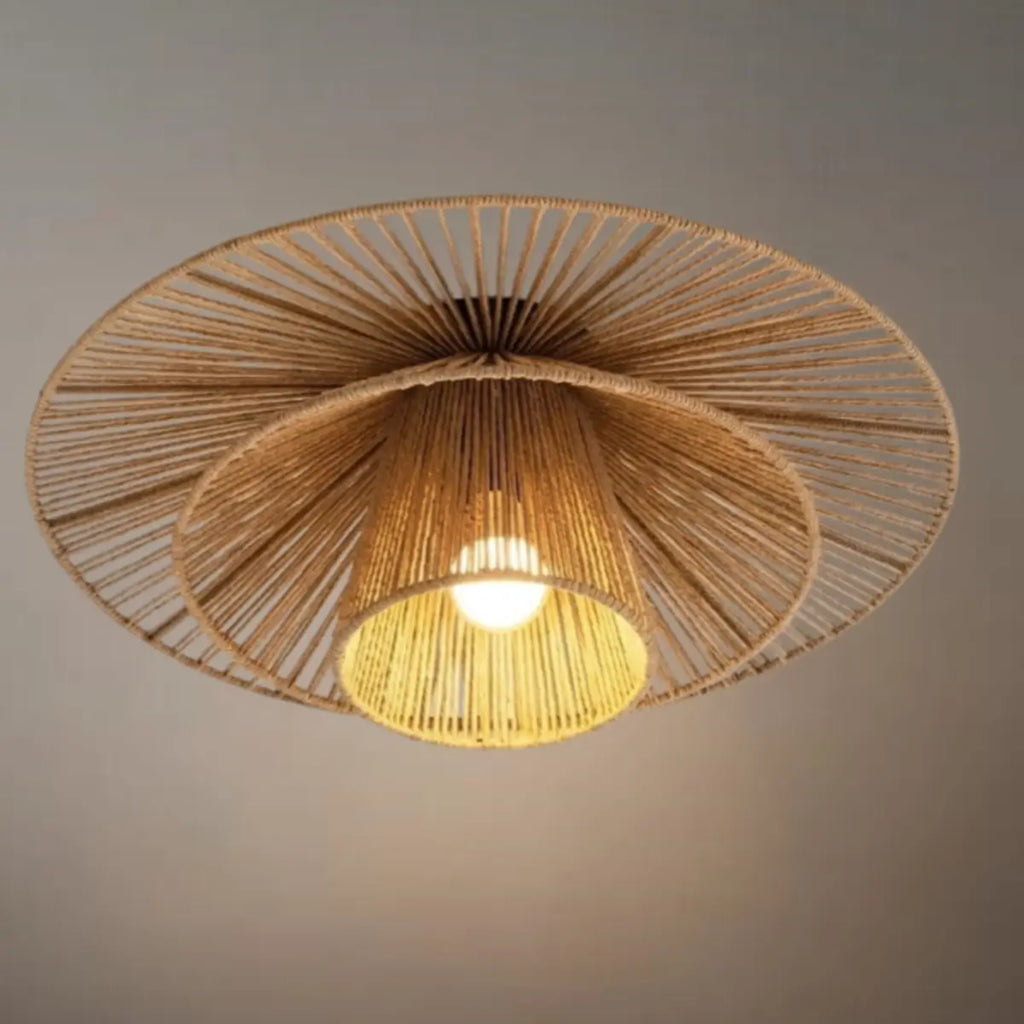 Natural Hemp Rope Flush Mount Ceiling Light -- Woven Linen Color for Bedroom - Flindria