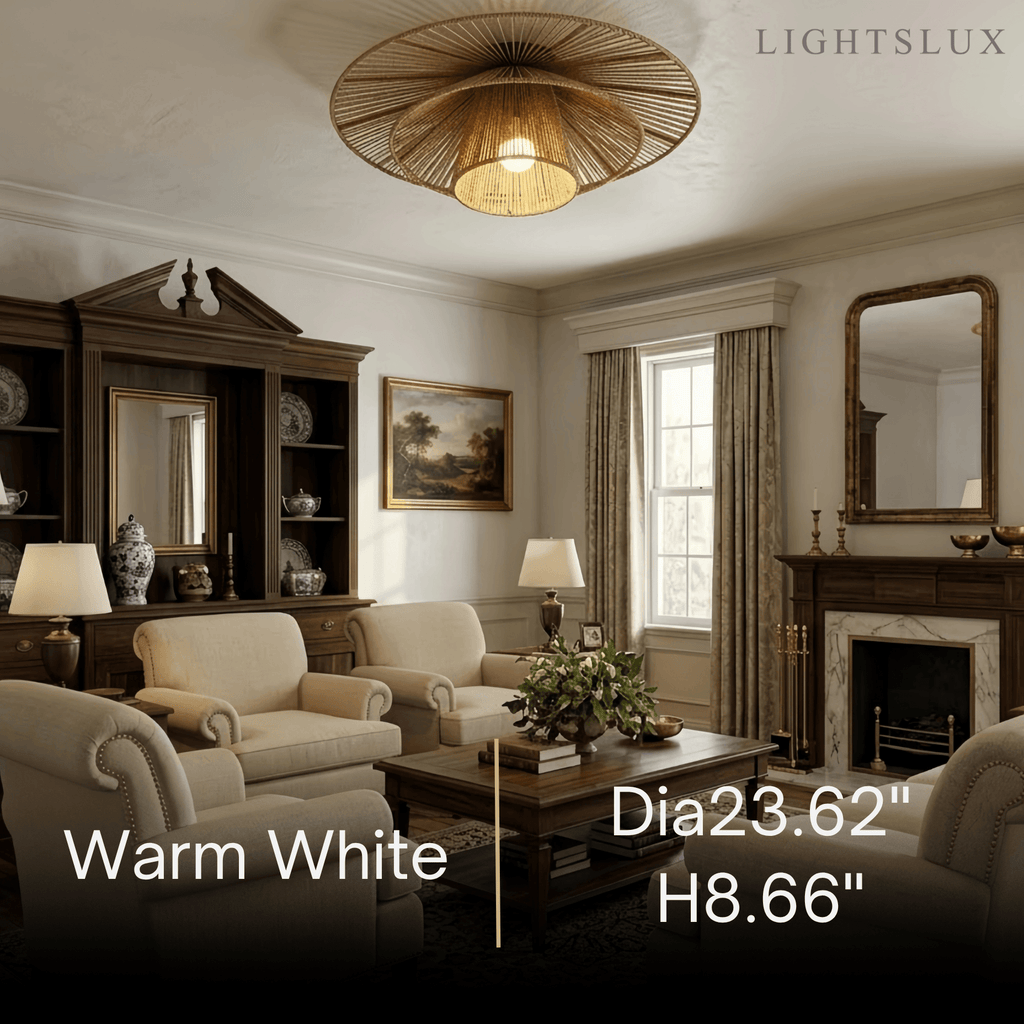 Natural Hemp Rope Flush Mount Ceiling Light -- Woven Linen Color for Bedroom - Flindria