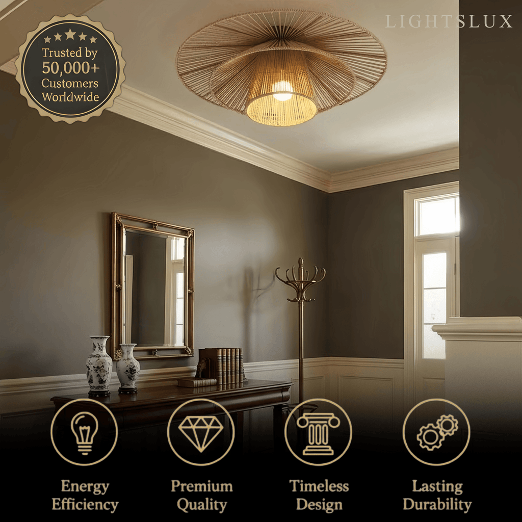 Natural Hemp Rope Flush Mount Ceiling Light -- Woven Linen Color for Bedroom - Flindria