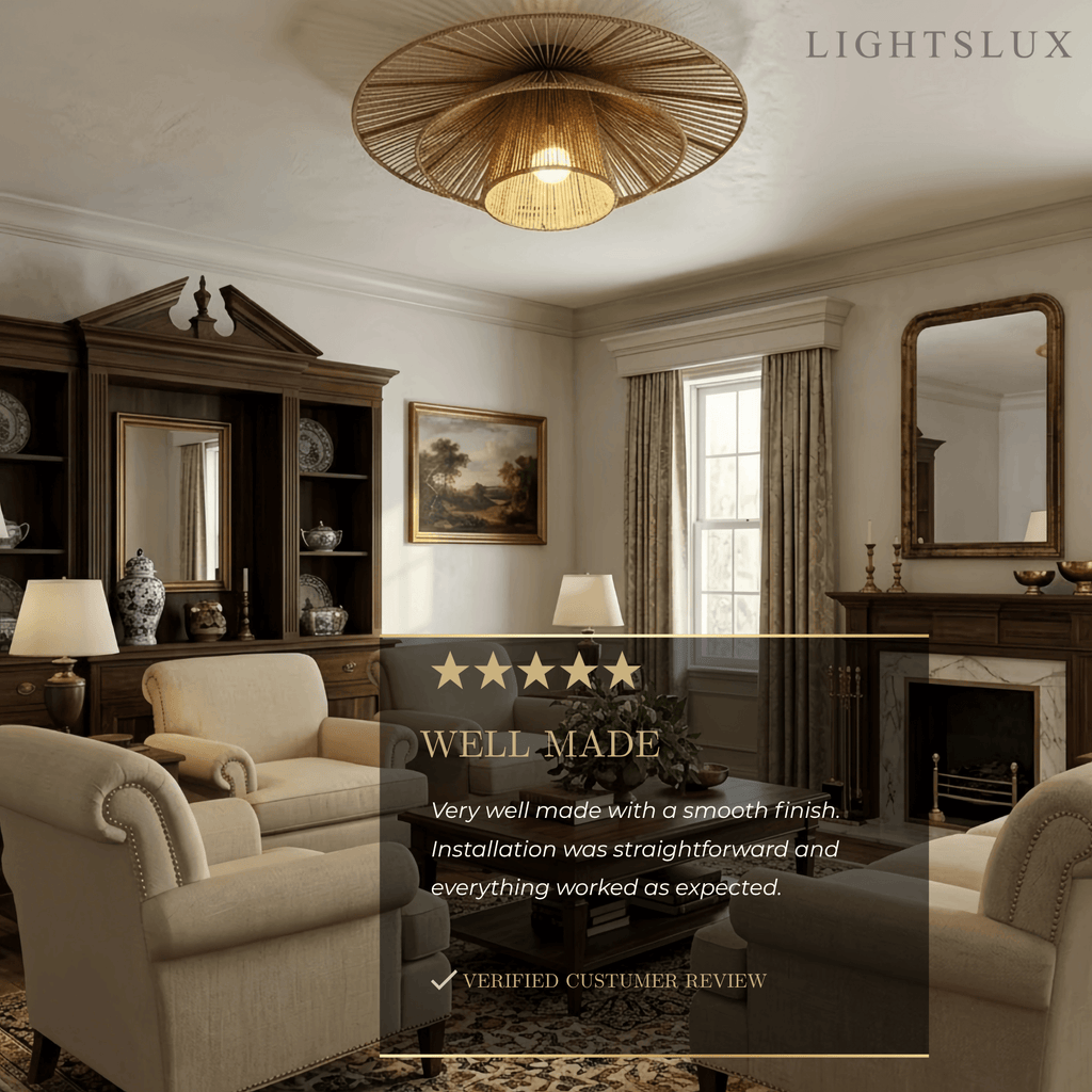 Natural Hemp Rope Flush Mount Ceiling Light -- Woven Linen Color for Bedroom - Flindria