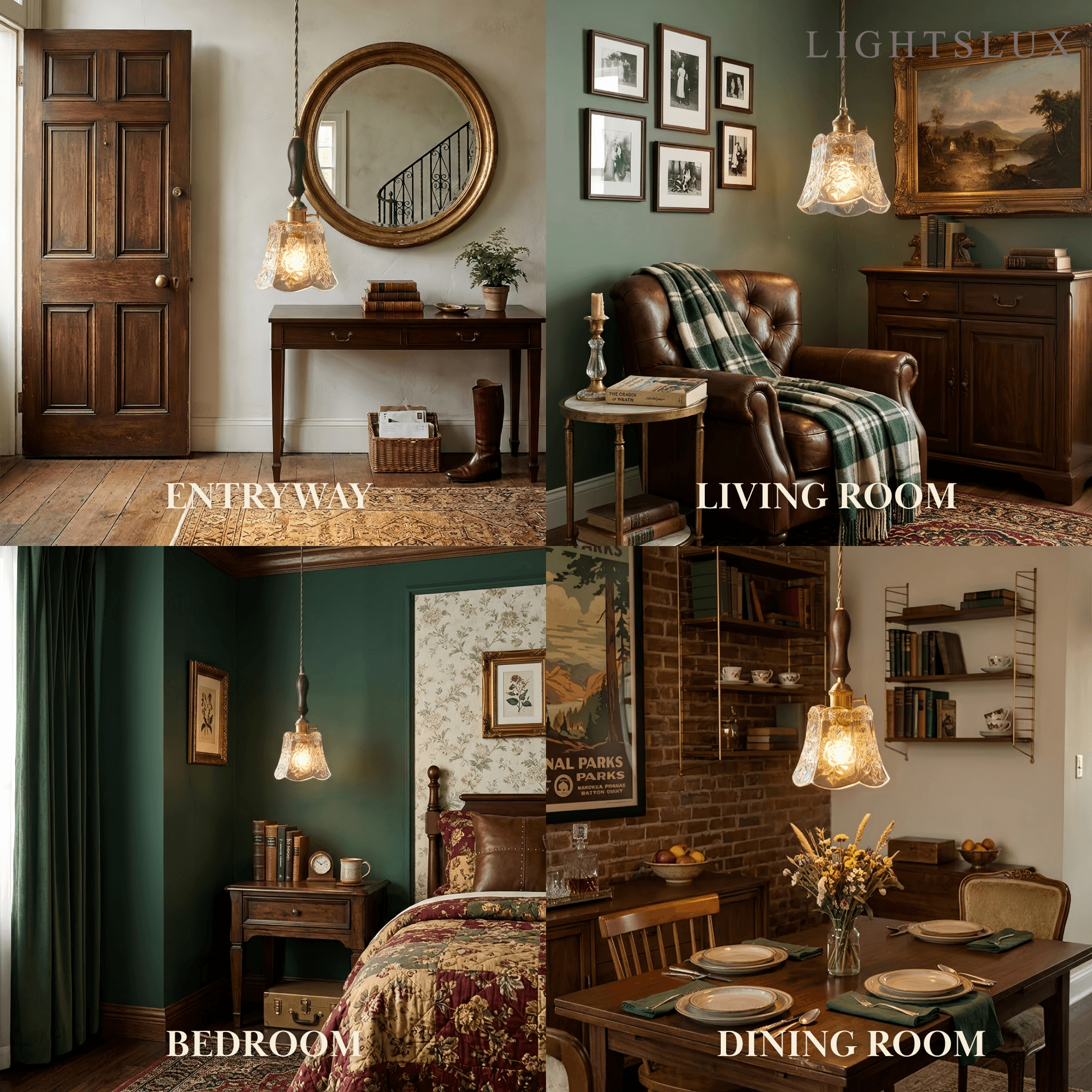 Classic Brass Glass Pendant Light -- Walnut Wood Accent for Bedroom Entryway - Flindria
