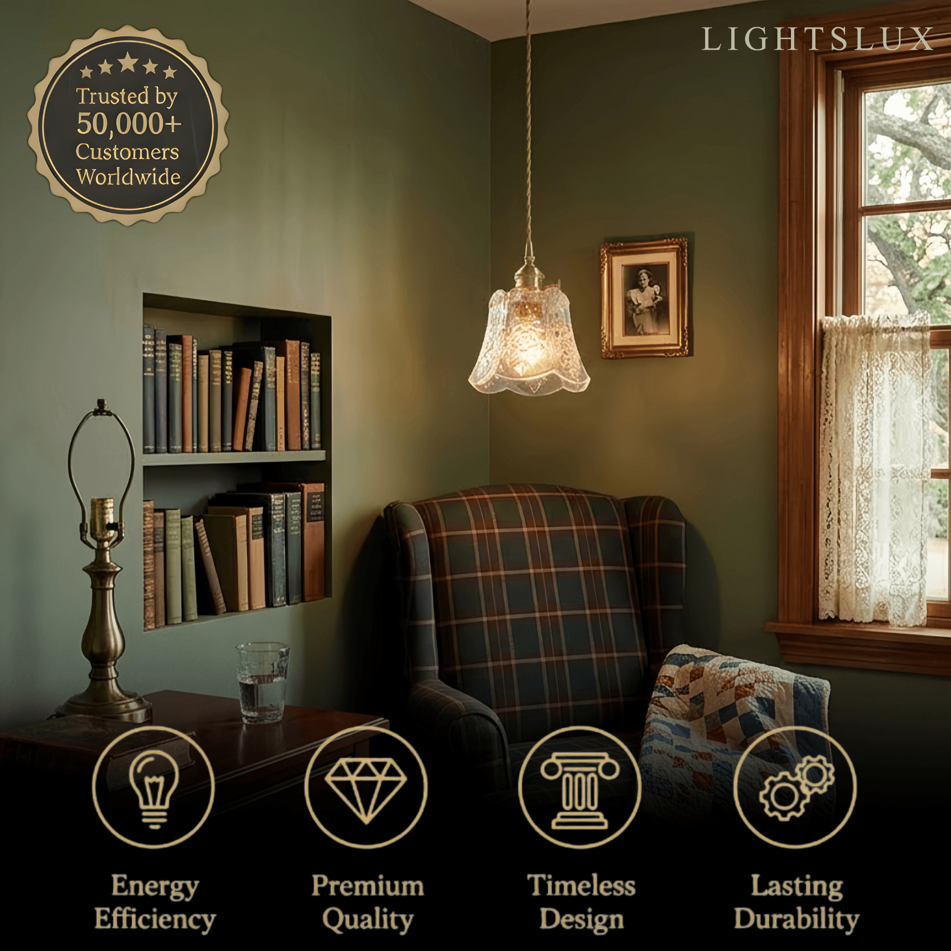 Classic Brass Glass Pendant Light -- Walnut Wood Accent for Bedroom Entryway - Flindria