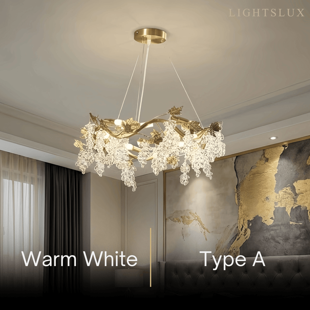 Lujoso candelabro de cristal – Rama de latón dorado con uvas para sala de estar/comedor - Flindria