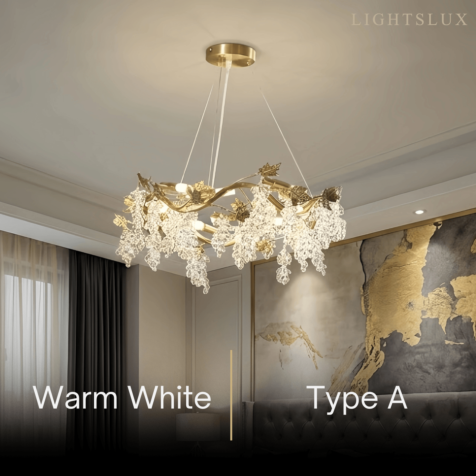 Lujoso candelabro de cristal – Rama de latón dorado con uvas para sala de estar/comedor - Flindria