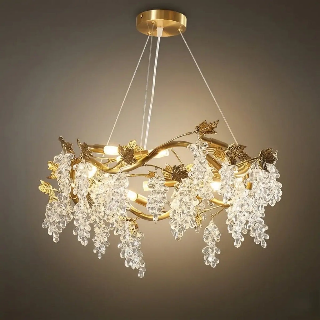 Lujoso candelabro de cristal – Rama de latón dorado con uvas para sala de estar/comedor - Flindria