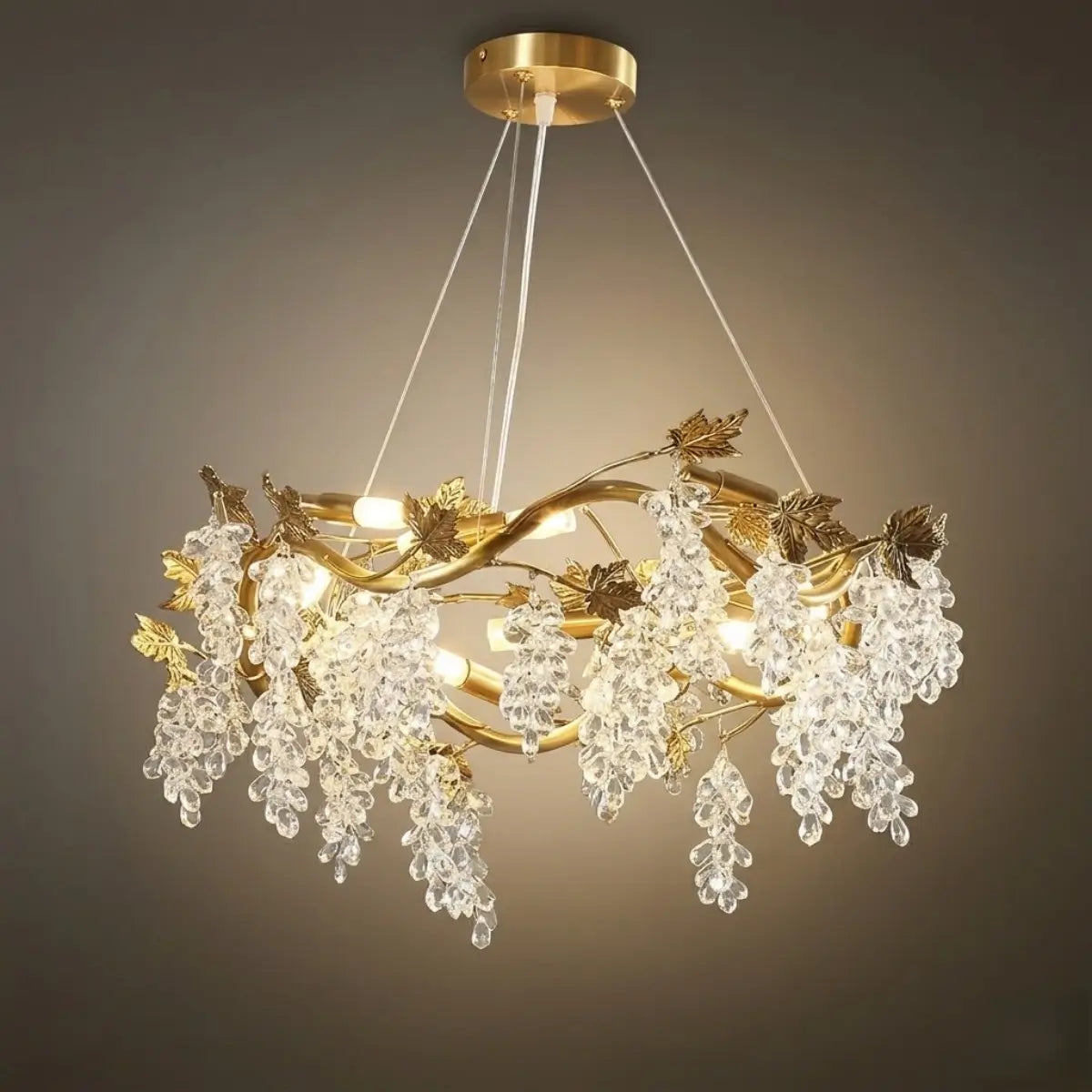 Lujoso candelabro de cristal – Rama de latón dorado con uvas para sala de estar/comedor - Flindria