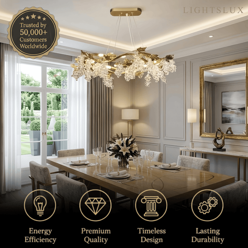 Lujoso candelabro de cristal – Rama de latón dorado con uvas para sala de estar/comedor - Flindria