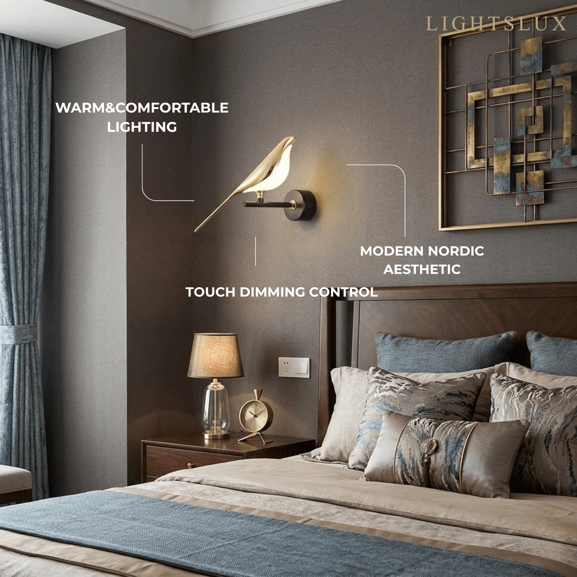 Modern Wall Lamp – Magpie Bird Black & Gold for Living Room / Bedroom - Flindria