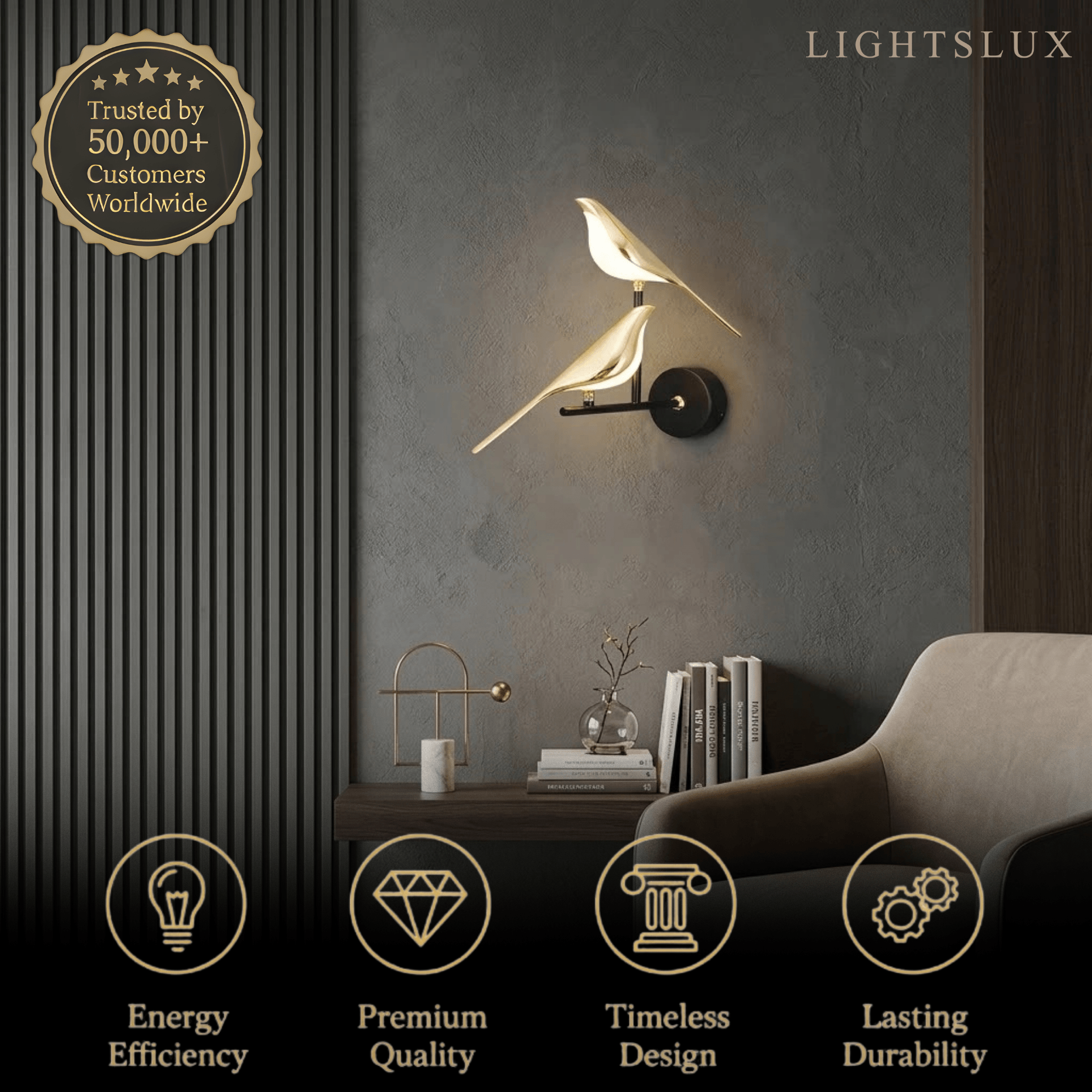 Modern Wall Lamp – Magpie Bird Black & Gold for Living Room / Bedroom - Flindria