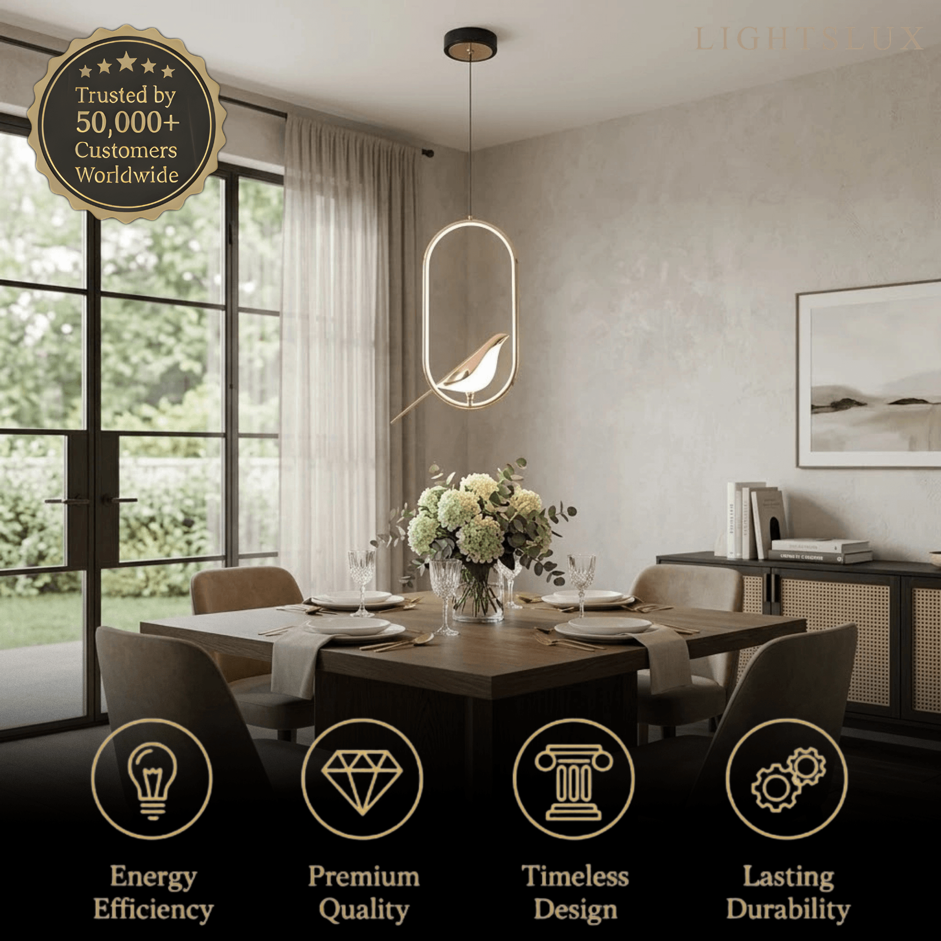 Nordic Pendant Light – Circular/Oval Magpie Bird Chrome/Gold for Living Room / Dining Room - Flindria