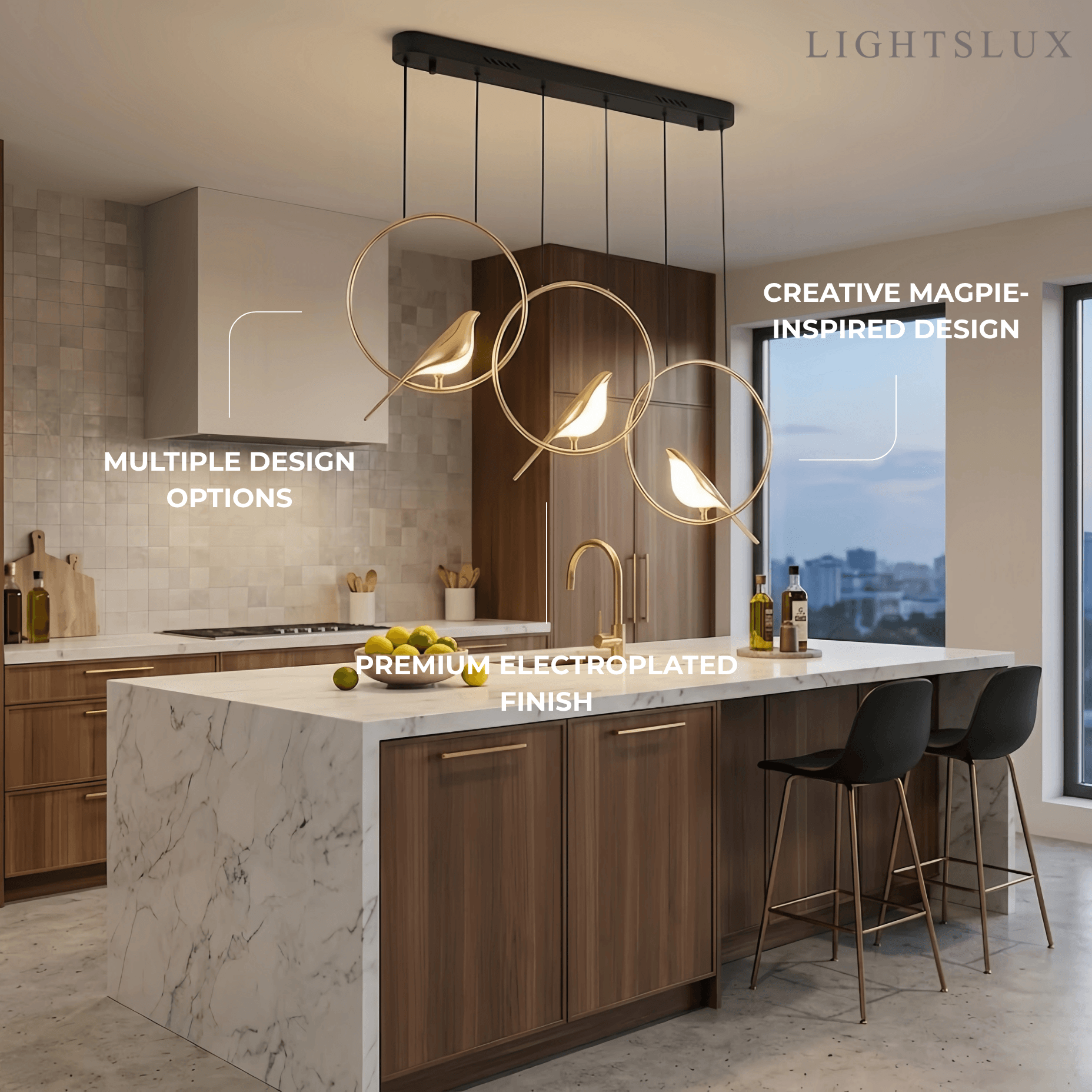 Nordic Magpie Bird Chandelier – Linear/Round Black/Gold for Living Room / Dining Room - Flindria