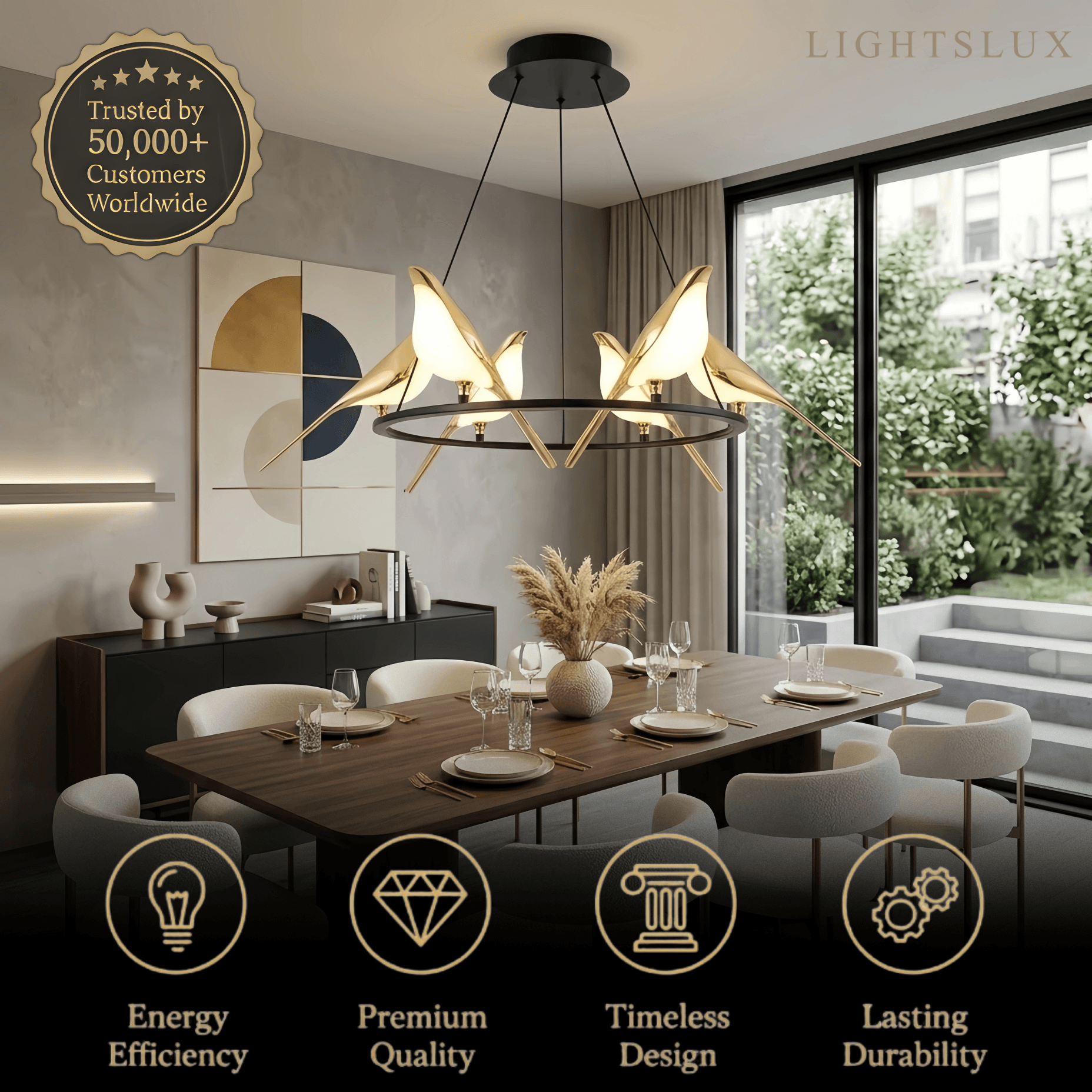 Nordic Magpie Bird Chandelier – Linear/Round Black/Gold for Living Room / Dining Room - Flindria